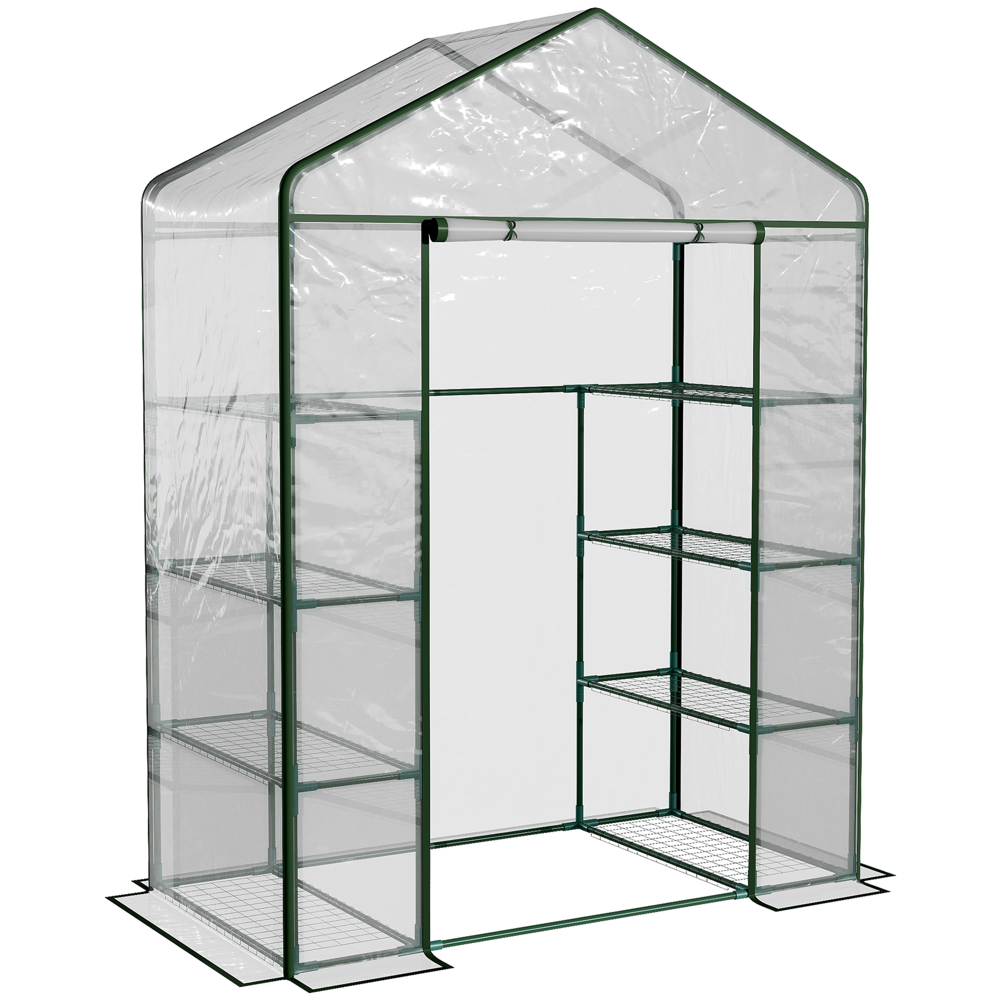 Outsunny Walk in Greenhouse with 4-Tier 8 Shelves, Green House with Hemmed Cover, Roll-up Zipped Door, Steel Frame, 143 x 73 x 195cm