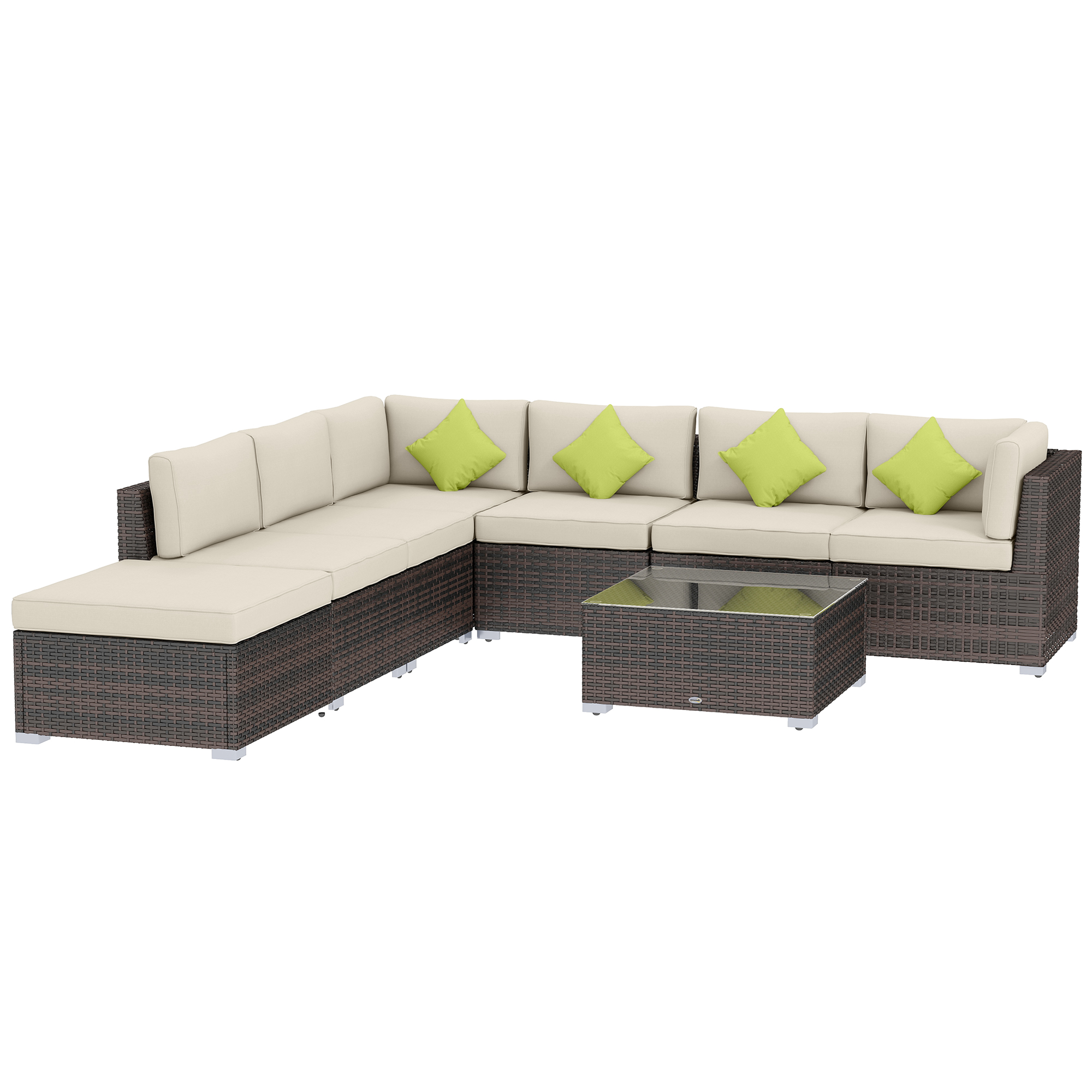 Outsunny 8 Piece Rattan Corner Sofa Set with Wide & Deep Seat, Assembled Aluminium PE Rattan Garden Furniture Set with Thick Cushions and Glass Top Table for Outdoor, Conservatory, Mixed Brow