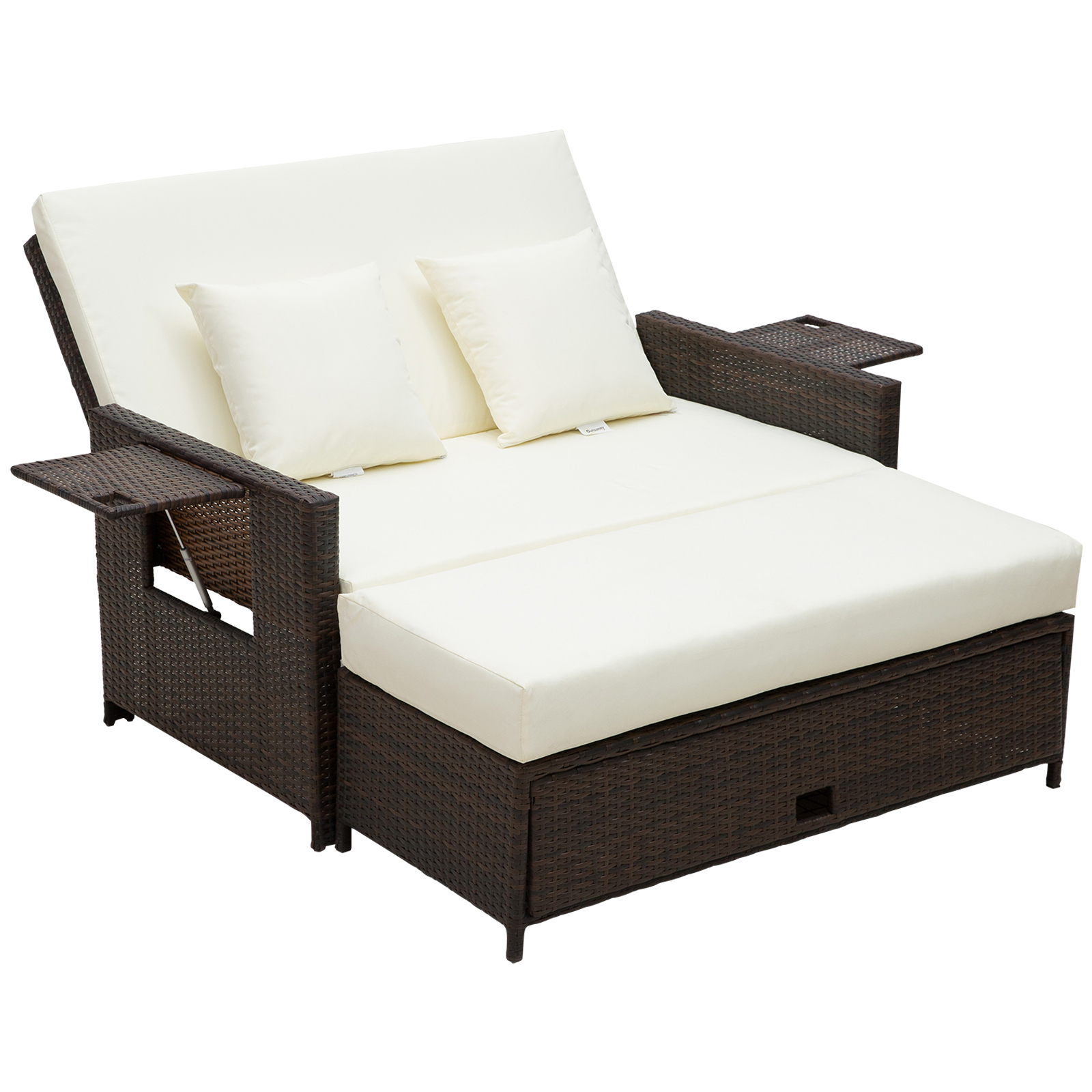 Outsunny Rattan Sun Lounger 2 Seater Day Bed with Cushions, Brown