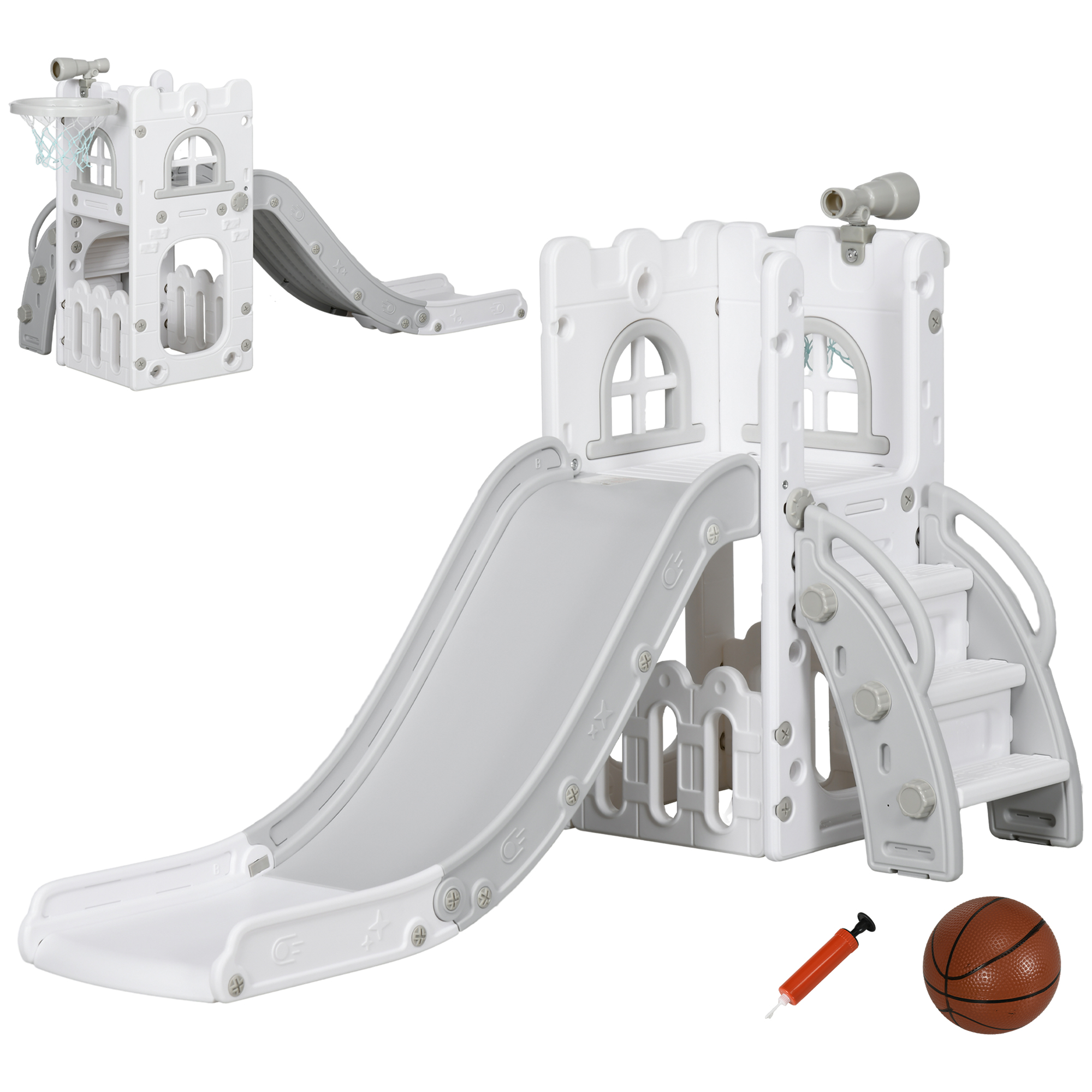 AIYAPLAY 5 in 1 Toddler Slide with Basketball Hoop, Climber, Telescope, Storage Basket, for Ages 1-3 Years, Grey