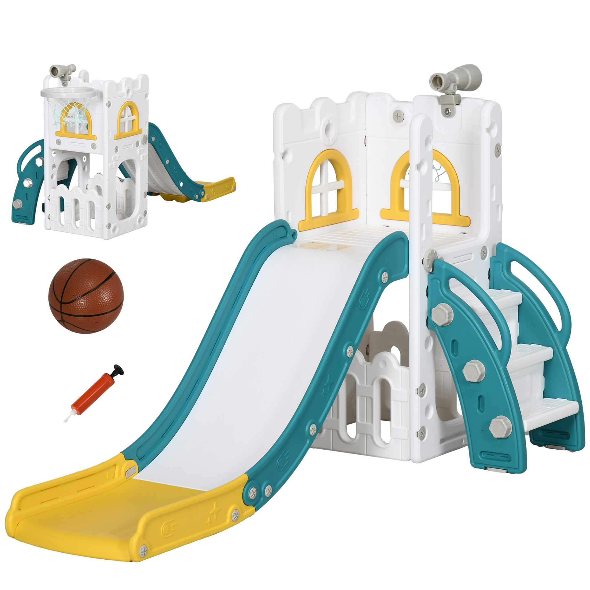 AIYAPLAY 5 in 1 Toddler Slide with Basketball Hoop, Climber, Telescope, Storage Basket, for Ages 1-3 Years, Yellow