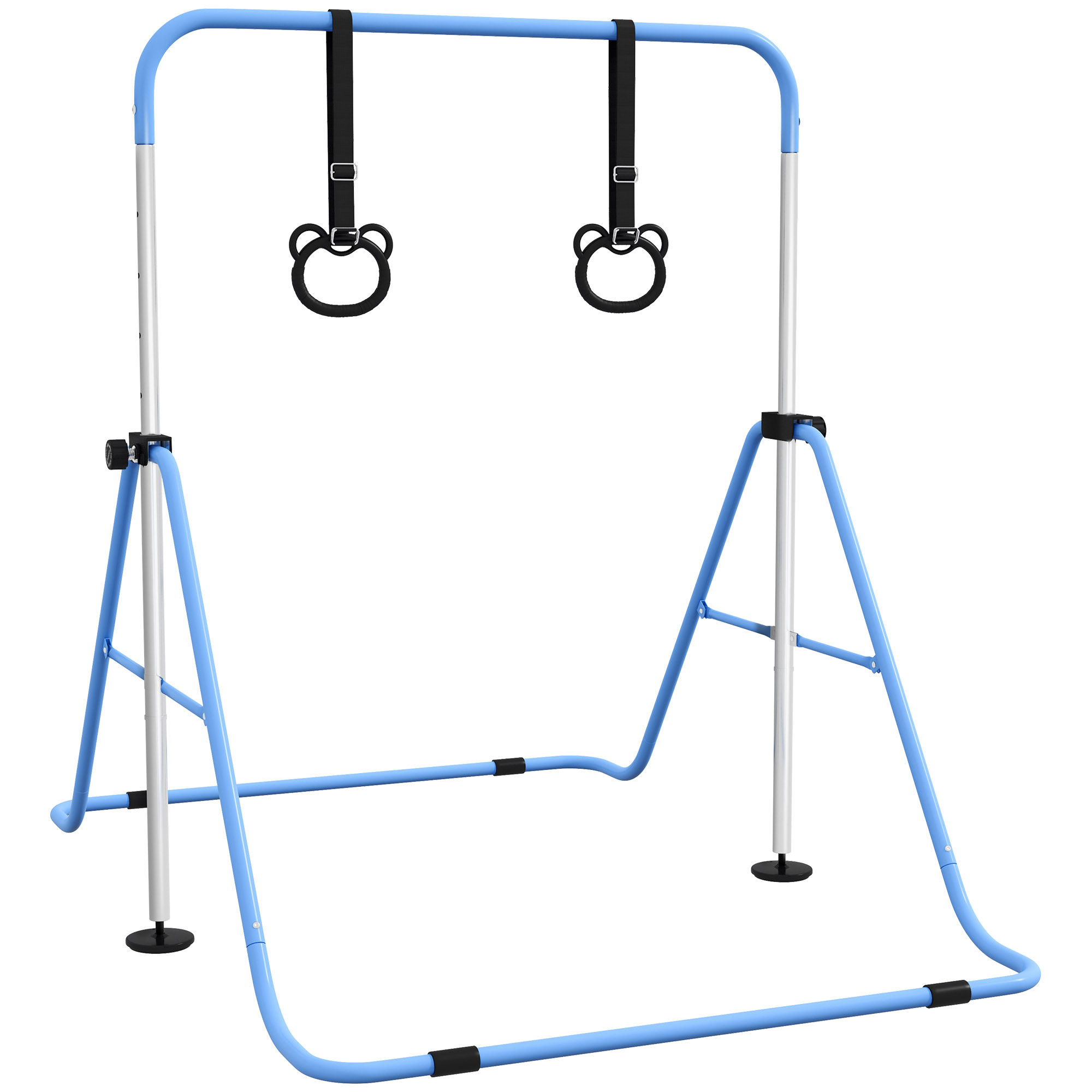 HOMCOM Adjustable Height, Foldable Kids Gymnastics Bar w/ Non-slip Rubber Floor Rings, for 3+ Years, Blue