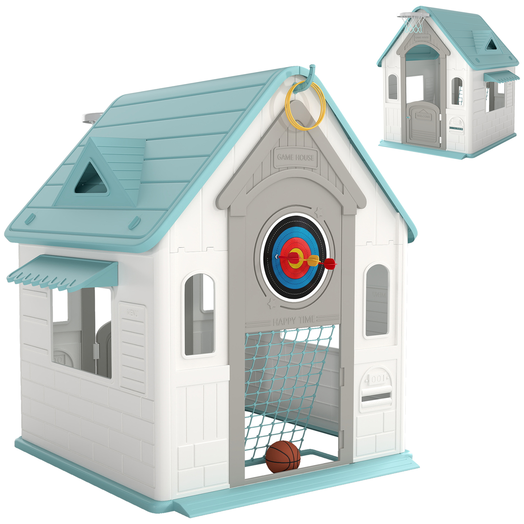 AIYAPLAY 5-in-1 Playhouse for Kids Outdoor Indoor with Basketball Hoop, Football Goal, Dartboard, Ring Toss for 2-5 Years, Beige