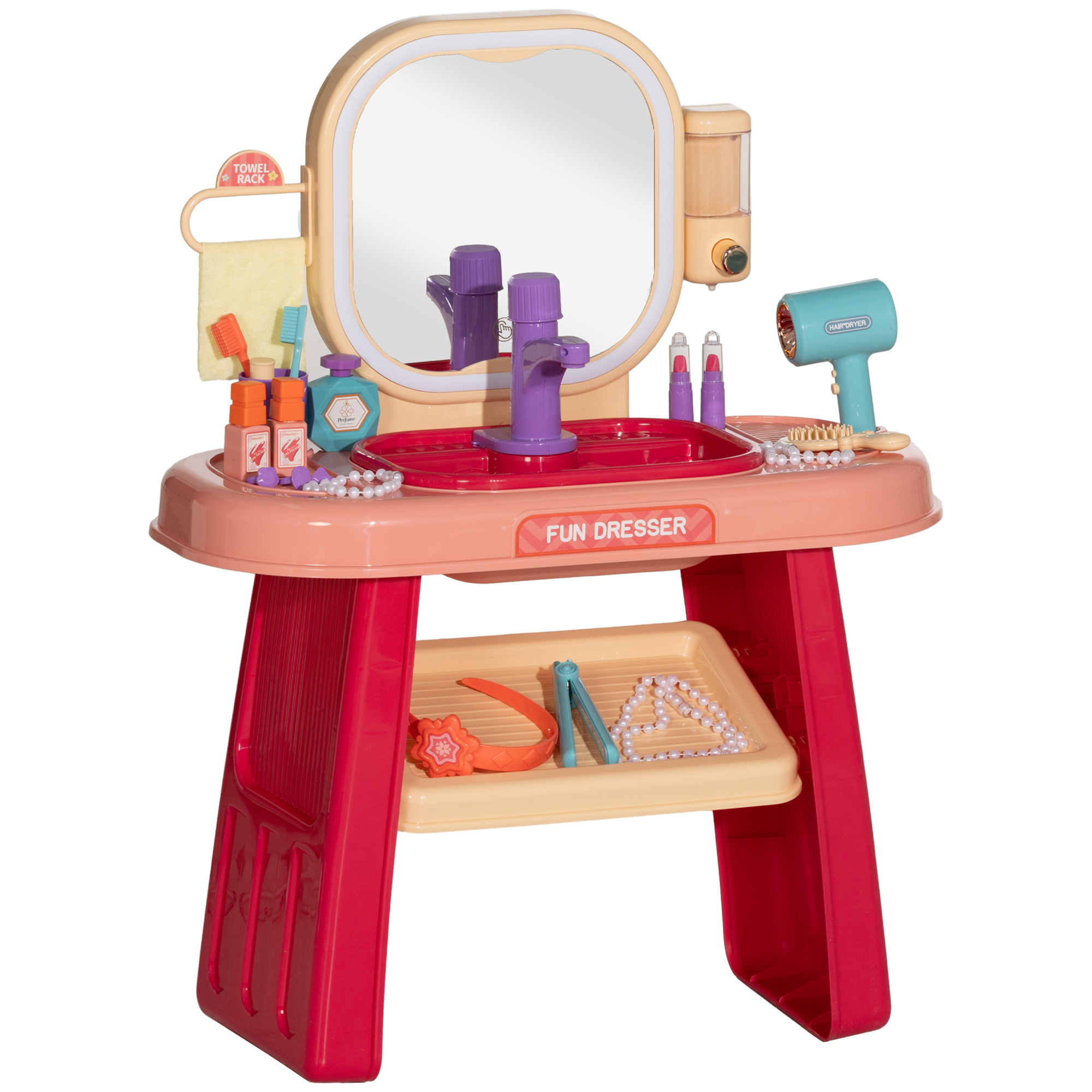 AIYAPLAY Kids Dressing Table with Mirror, LED Light, 23 Accessories, Pink
