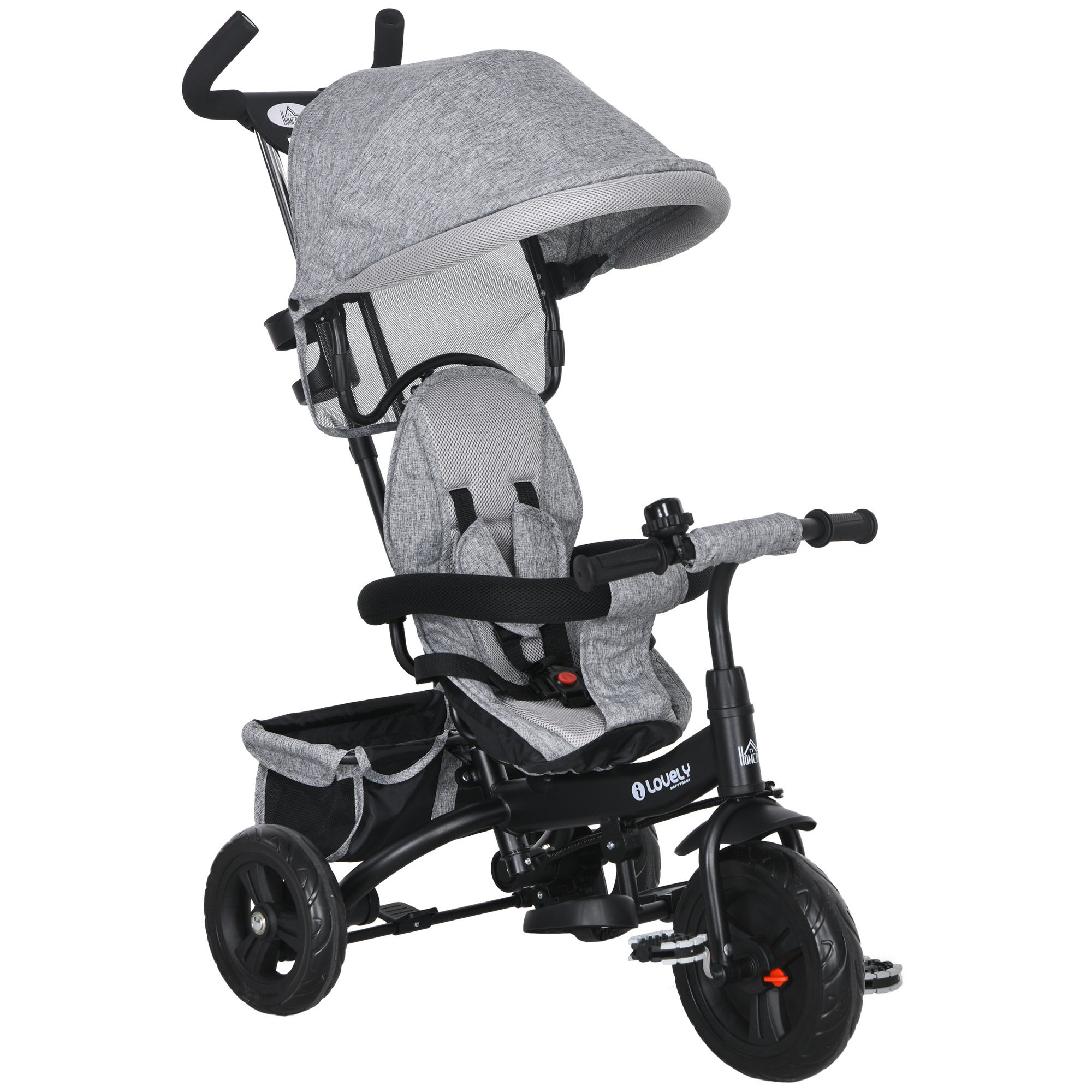 HOMCOM 6 in 1 Kids Trike Push Bike w/ Push Handle, Canopy, 5-point Seat Belt, Storage, Footrest, Brake, for 1-5 Years, Grey