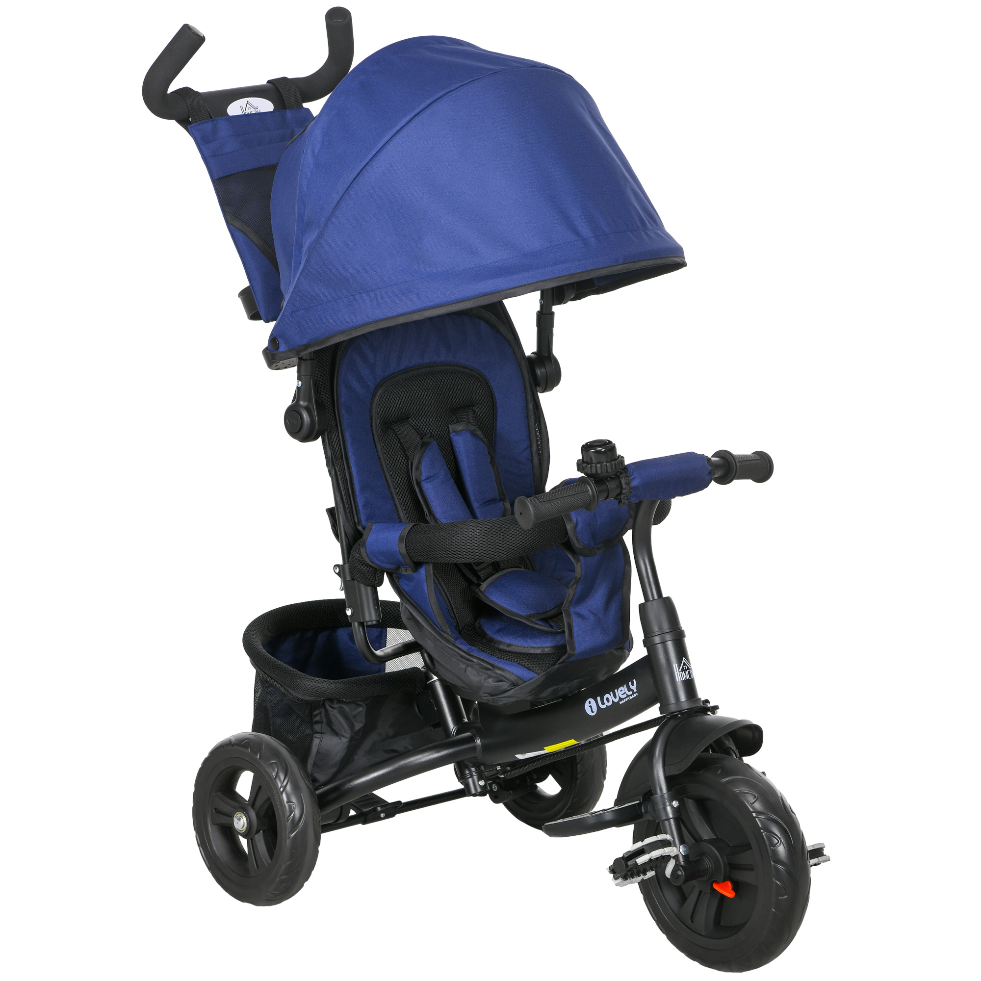 HOMCOM 6 in 1 Kids Trike with Parent Handle, Canopy, 5-point Seat Belt, Storage, Footrest, Brake, for 1-5 Years, Dark Blue