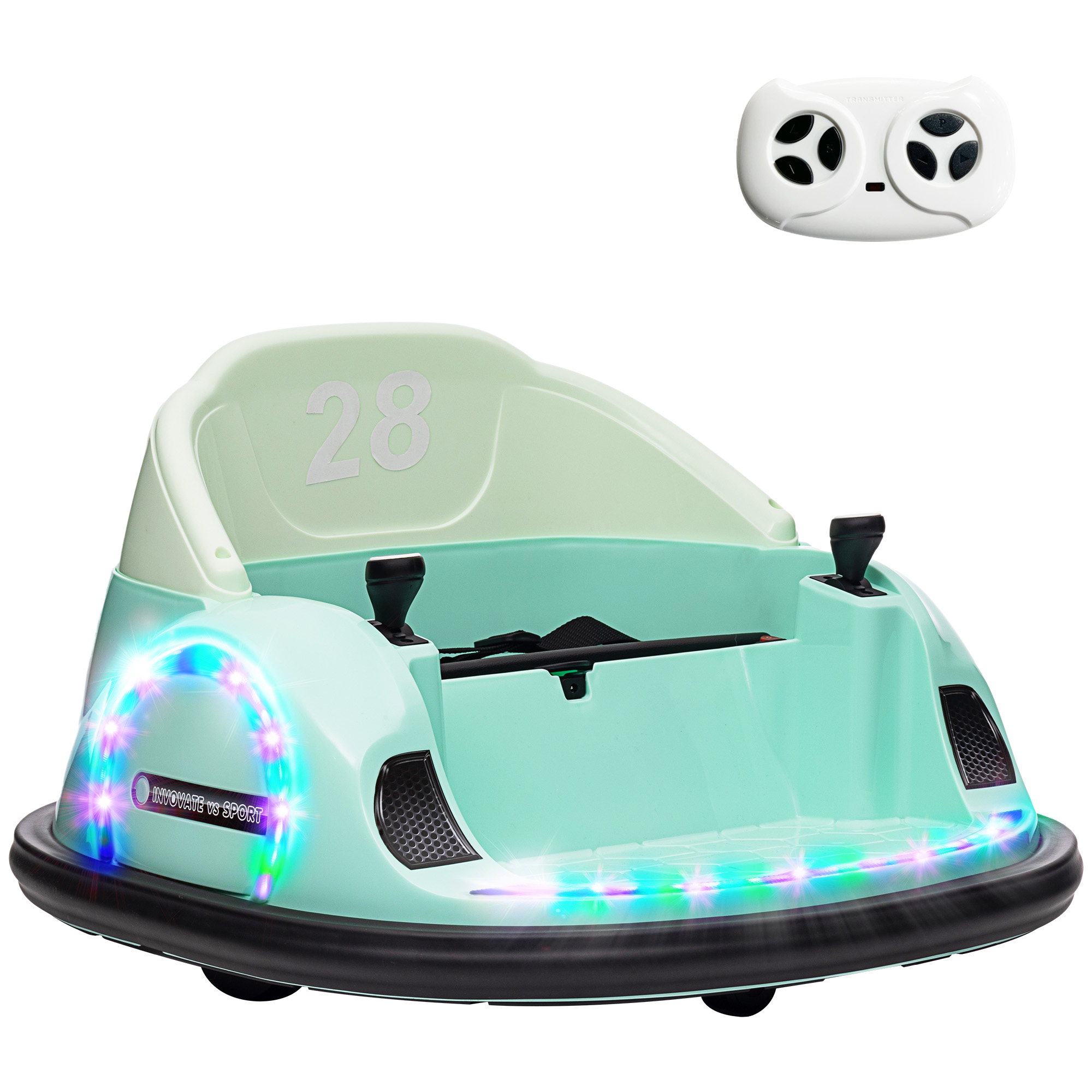 AIYAPLAY 360° Rotation Kids Bumper Car, 12V Waltz Car with Remote Control, Dual Joystick, Music, Lights, Green