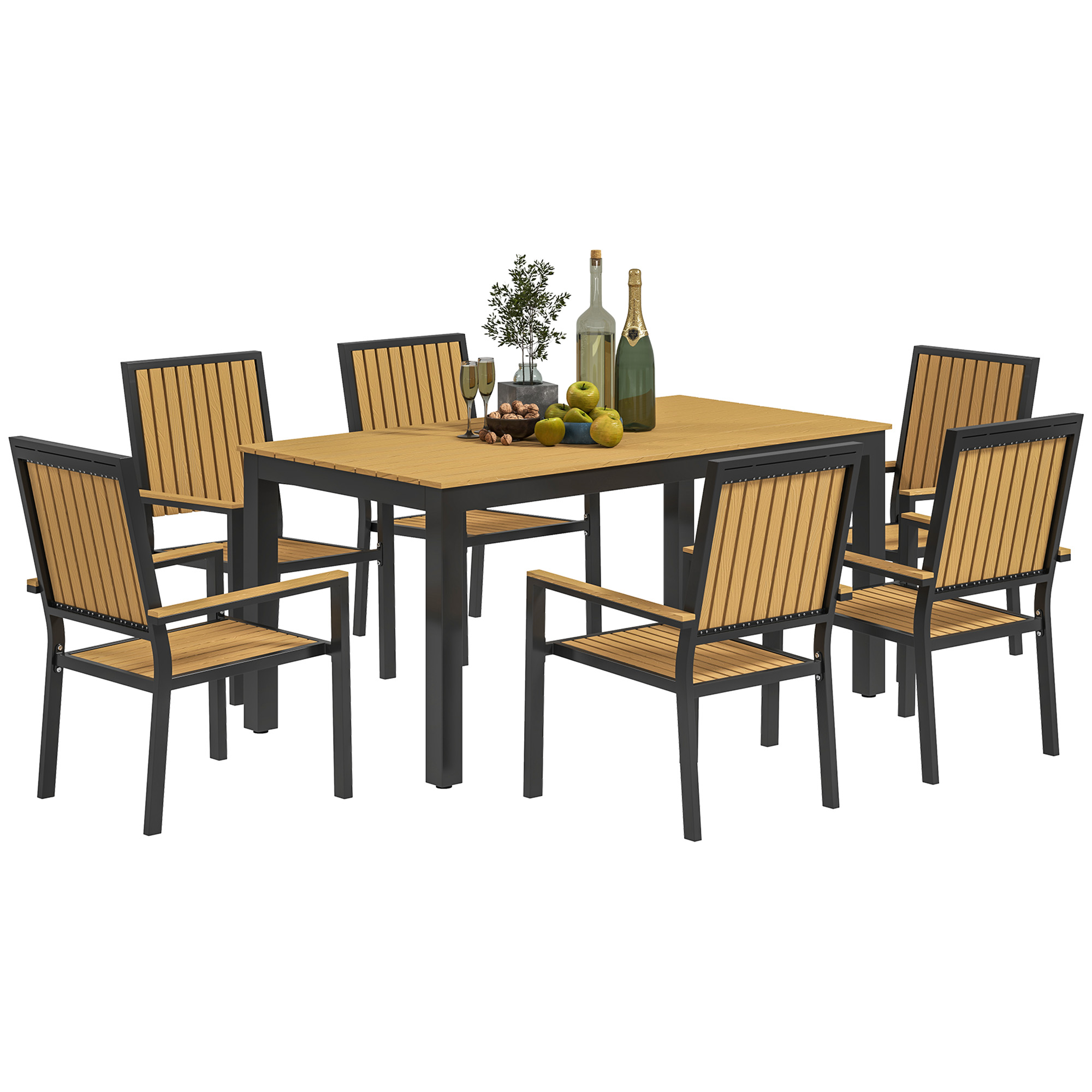 Outsunny 6 Seater Garden Dining Set with Stackable Chairs, Aluminium Frame, Rectangular Plastic Top, Garden Furniture Set, Outdoor Dining Table and Chairs for Patio, Balcony, Poolside, Nature