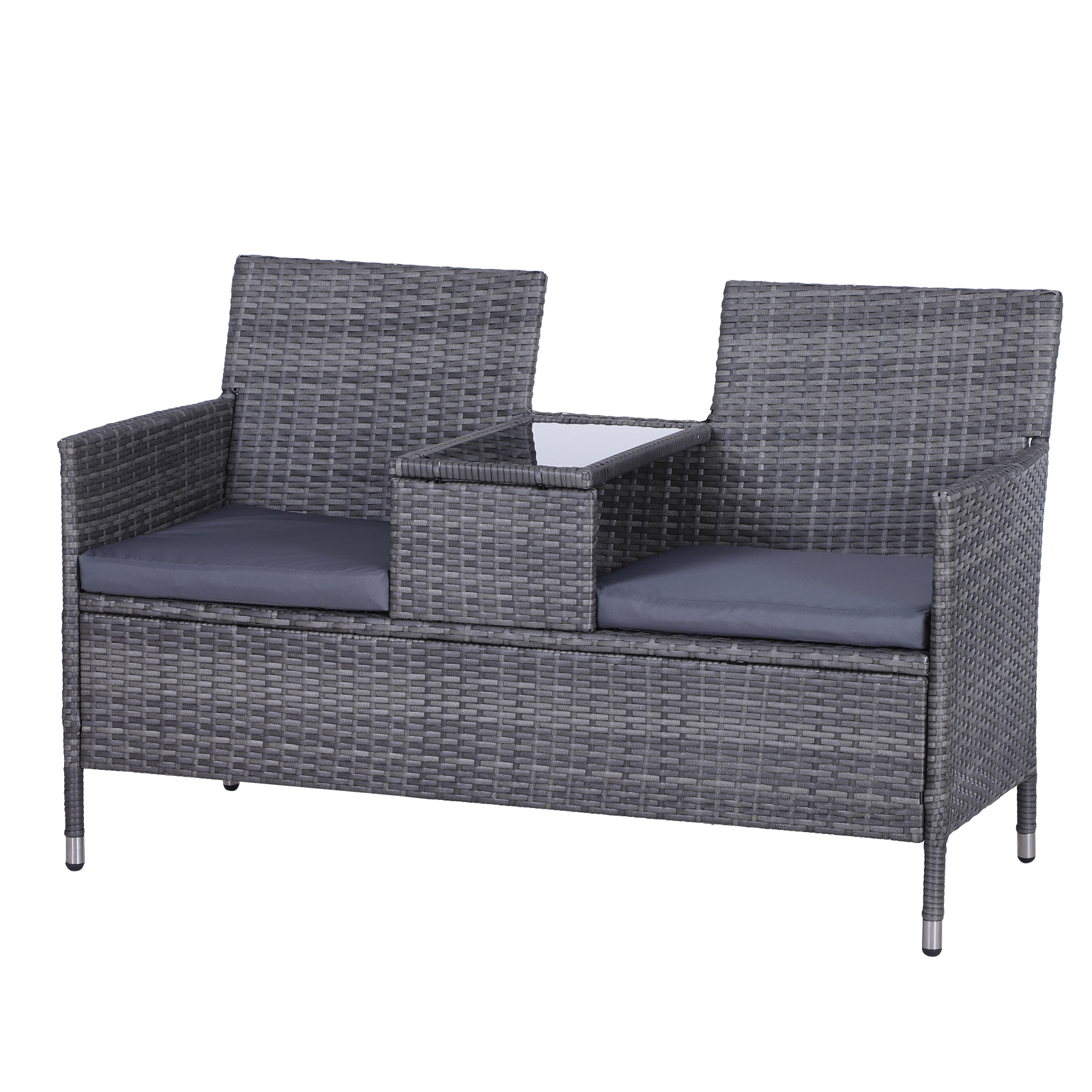 Outsunny 2-Seater PE Rattan Outdoor Garden Bench w/ Centre Table Grey
