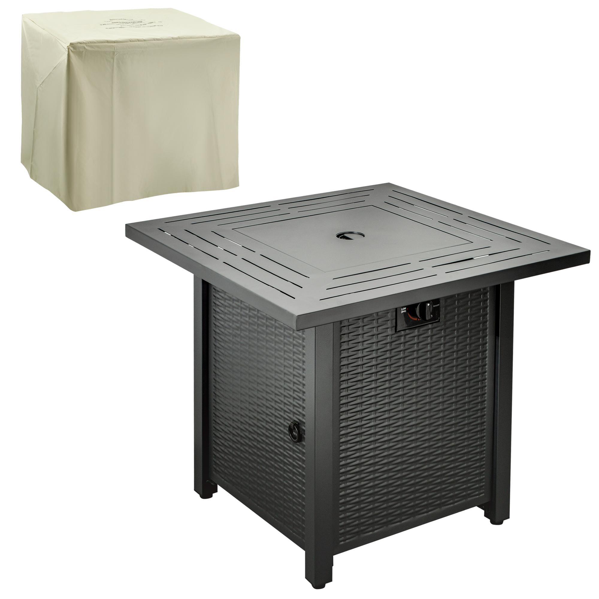 Outsunny Square Propane Gas Fire Pit Table, 40000 BTU Rattan Smokeless Firepit Patio Heater with Protective Cover, Glass beads and Lid, 71cm x 71cm x 63cm, Black
