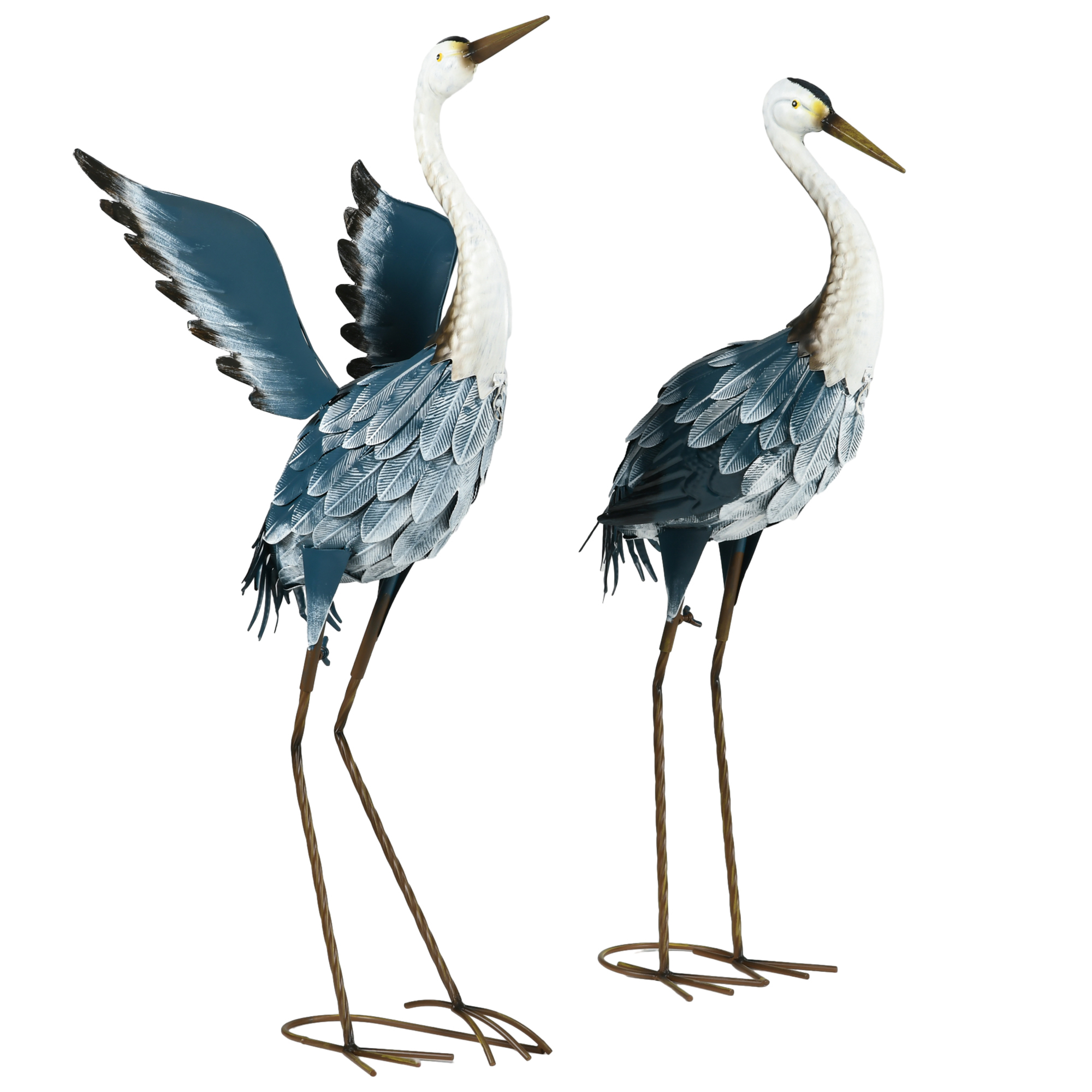 Outsunny Heron Garden Statues, Standing Garden Ornament, Metal Garden Gift with Stakes, Blue & White