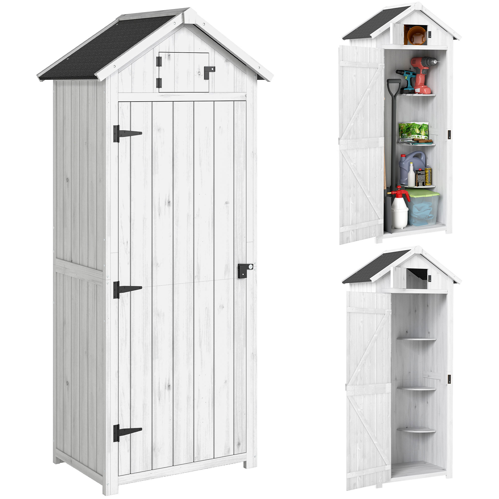 Outsunny Small Shed, Tall Slim Wooden Garden Shed with 3 Removable Shelves and Roof Hatch, Compact Outdoor Tool Storage Cabinet with Asphalt Roof and Door Latch, 77 x 54.2 x 179 cm, Light Gre