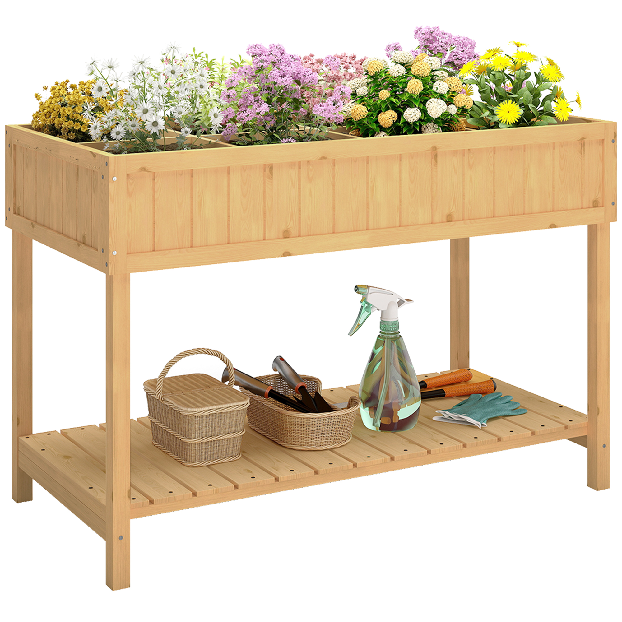 Outsunny Garden Wooden Planters, Rectangular 8 Compartment Plant Stand, Oak Tone