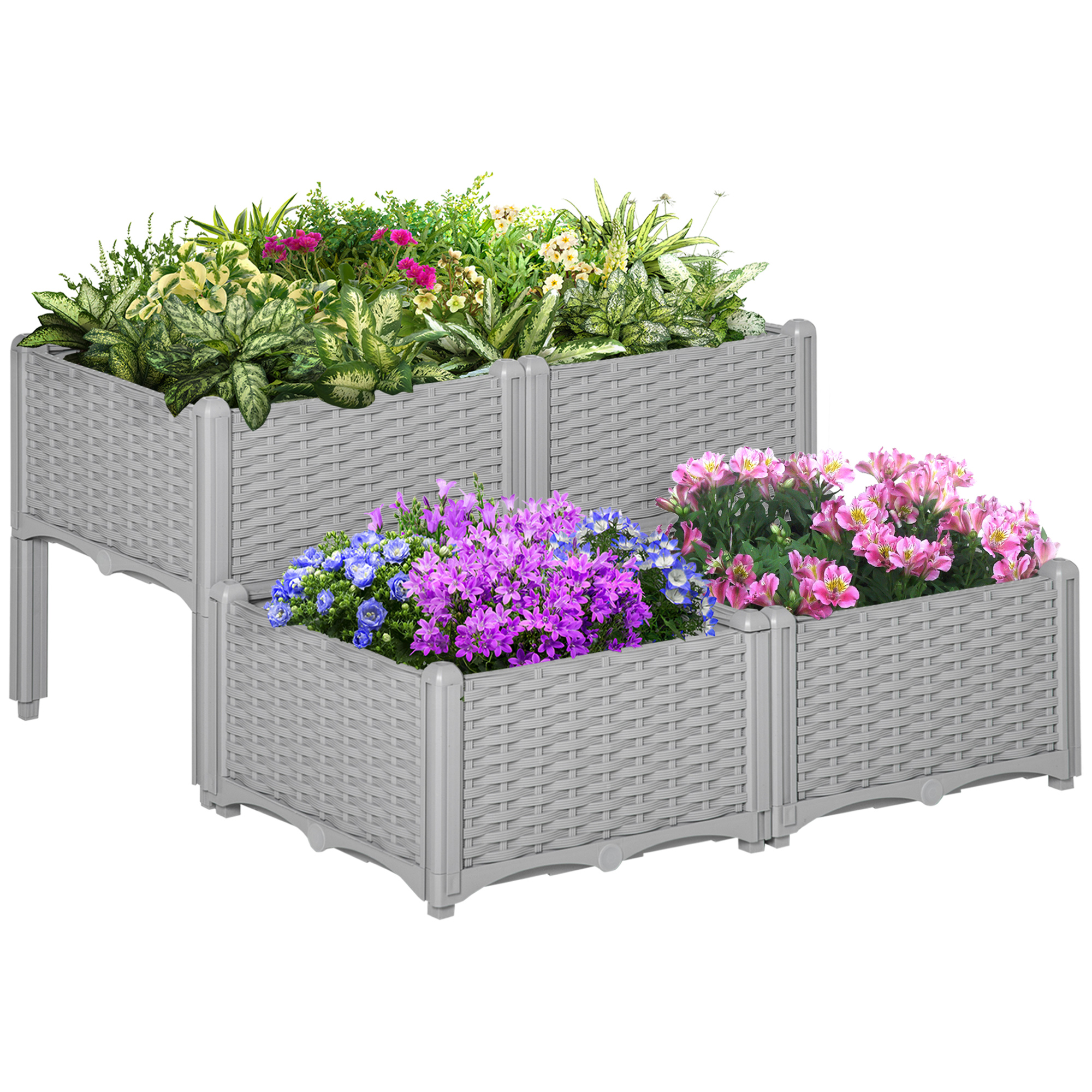 Outsunny Set of 4 26L Garden Raised Bed Elevated Patio Flower Plant Planter Box PP Vegetables Planting Container, Grey