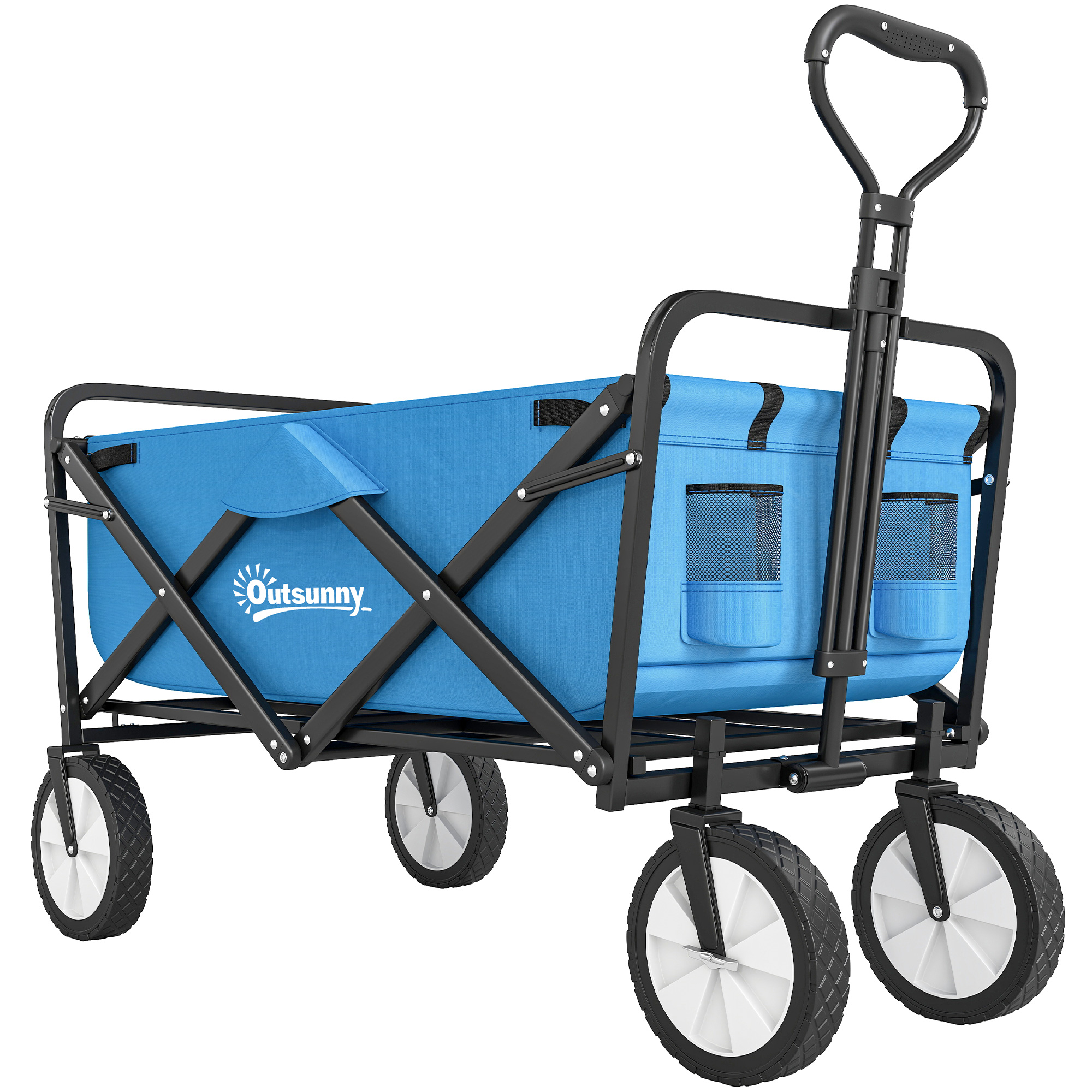 Outsunny 135L Festival Trolley on Wheels, Folding Wagon Camping Trolley Cart with Adjustable Handle, Dual Brakes, Portable Wagon Cart for Outdoor, Garden, Shopping, Fishing, Blue