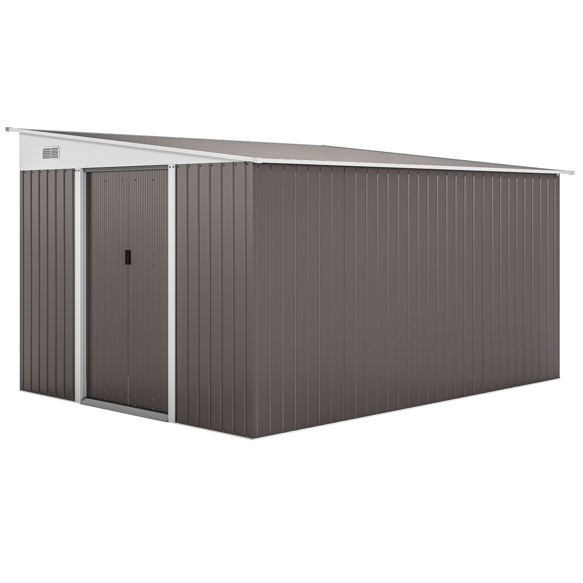 Outsunny 11.3 x 9.2ft Lean to Metal Garden Shed, Waterproof Outdoor Tool & Bike Storage Shed Galvanised with Lockable Double Sliding Doors, Pent Roof and 2 Air Vents, Grey