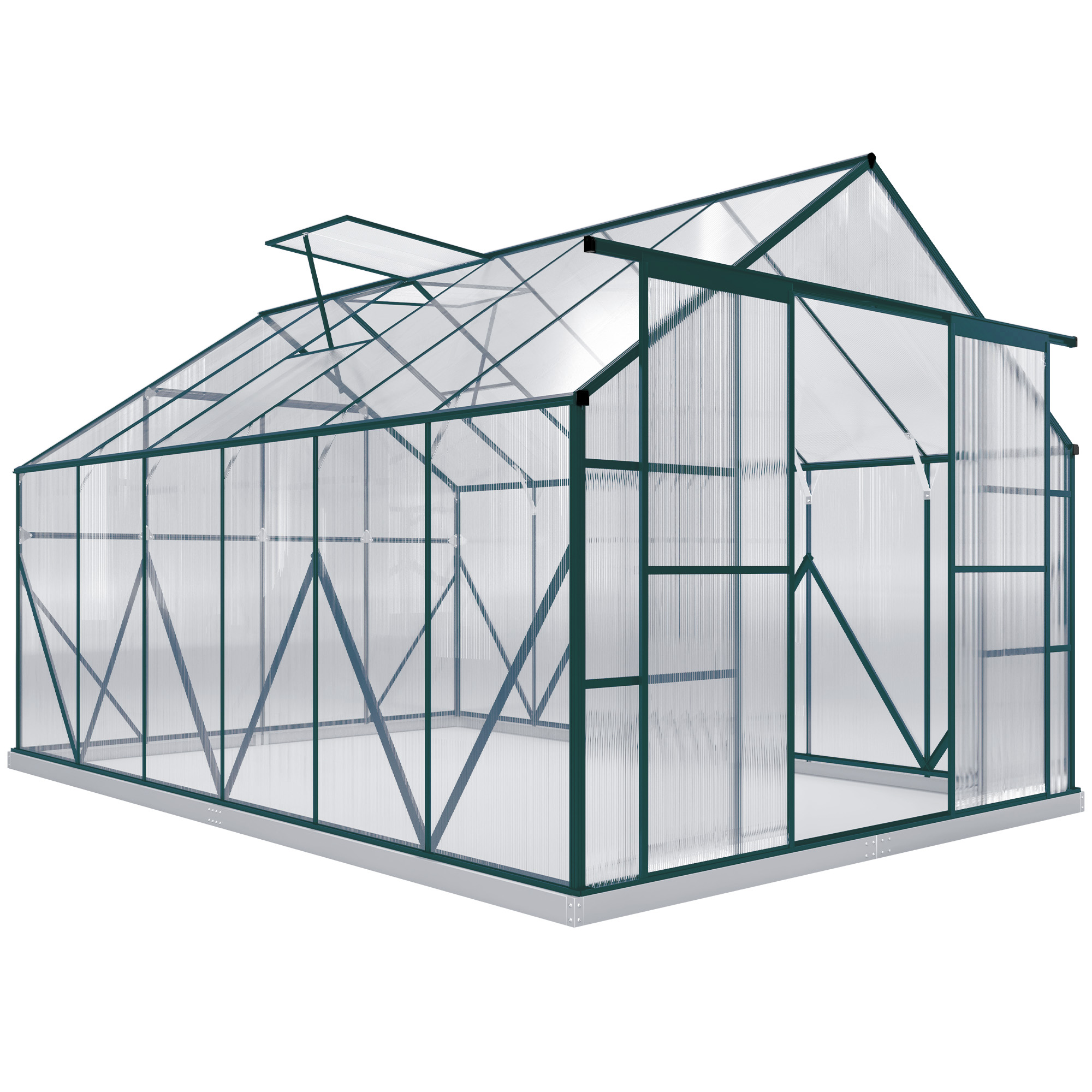 Outsunny 8 x 12ft Aluminium Greenhouse Polycarbonate Walk in Garden Greenhouse Kit with Adjustable Roof Vent, Double Sliding Door, Rain Gutter and Foundation, Clear