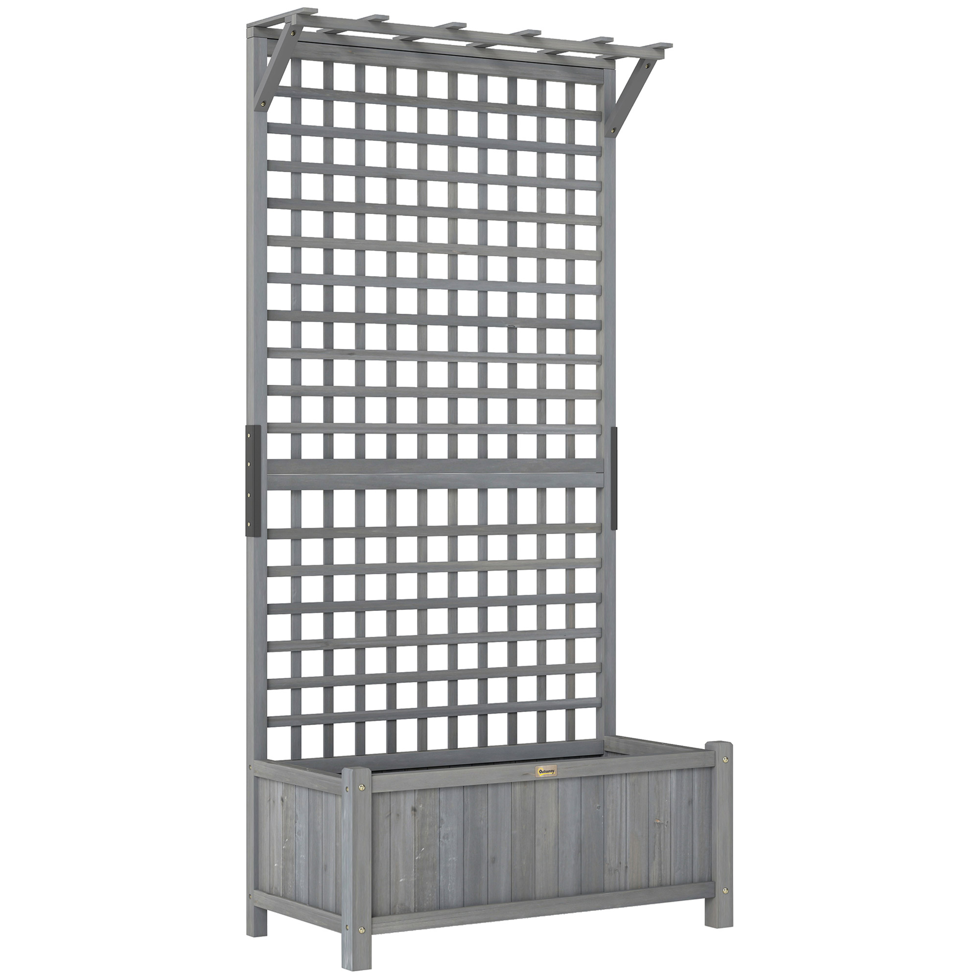 Outsunny Raised Bed with Drainage Holes, Wood Planter with Trellis for Climbing Plants to Grow Vegetables, Flowers, Dark Grey
