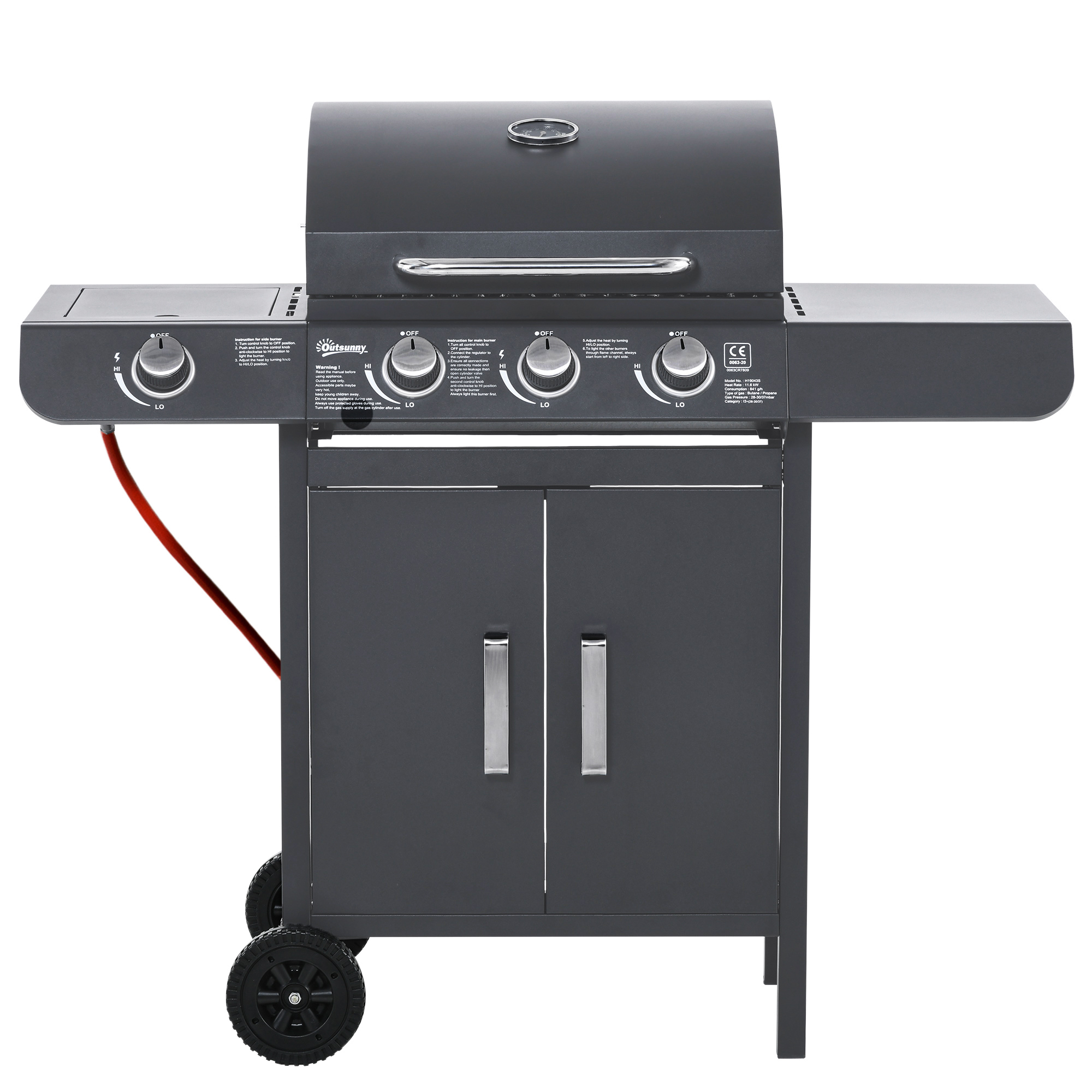 Outsunny 3+1 Burner Gas BBQ Grill, Outdoor Barbecue Trolley with Wheels, Warming Rack, Side Shelves, Cabinet, Thermometer for Garden, Party, Camping, 110L x 50W x 100Hcm, Grey