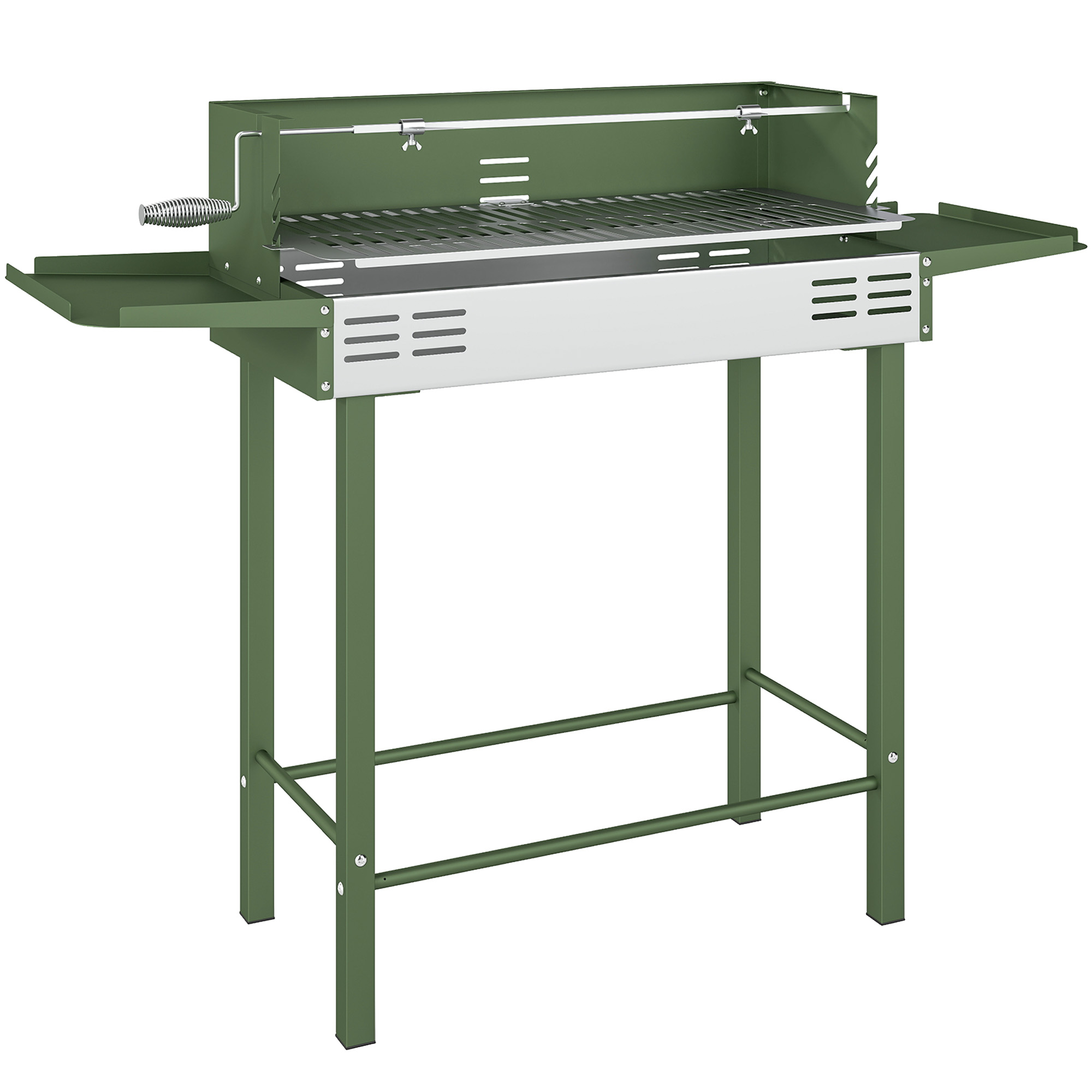 Outsunny BBQ Rotisserie Grill Roaster Charcoal Spit Roasting Machine for Chicken Turkey with 3-Level Grill Grate, Side Shelves, Dark Green