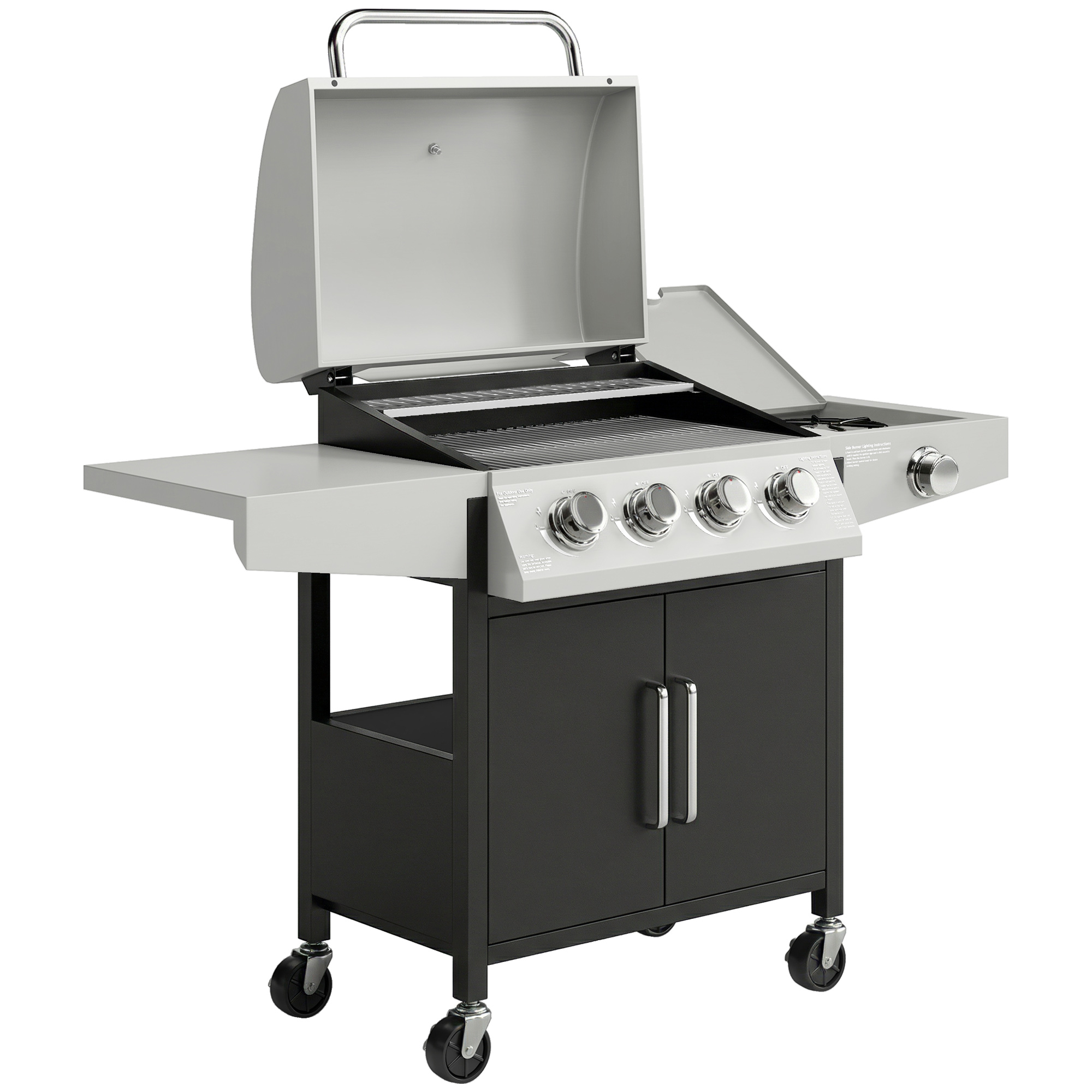 Outsunny 4+1 Burner Gas BBQ Grill with Side Burner, 14.5 kW Steel Portable Gas Barbecue Grill with Built-in Thermometer, Lid