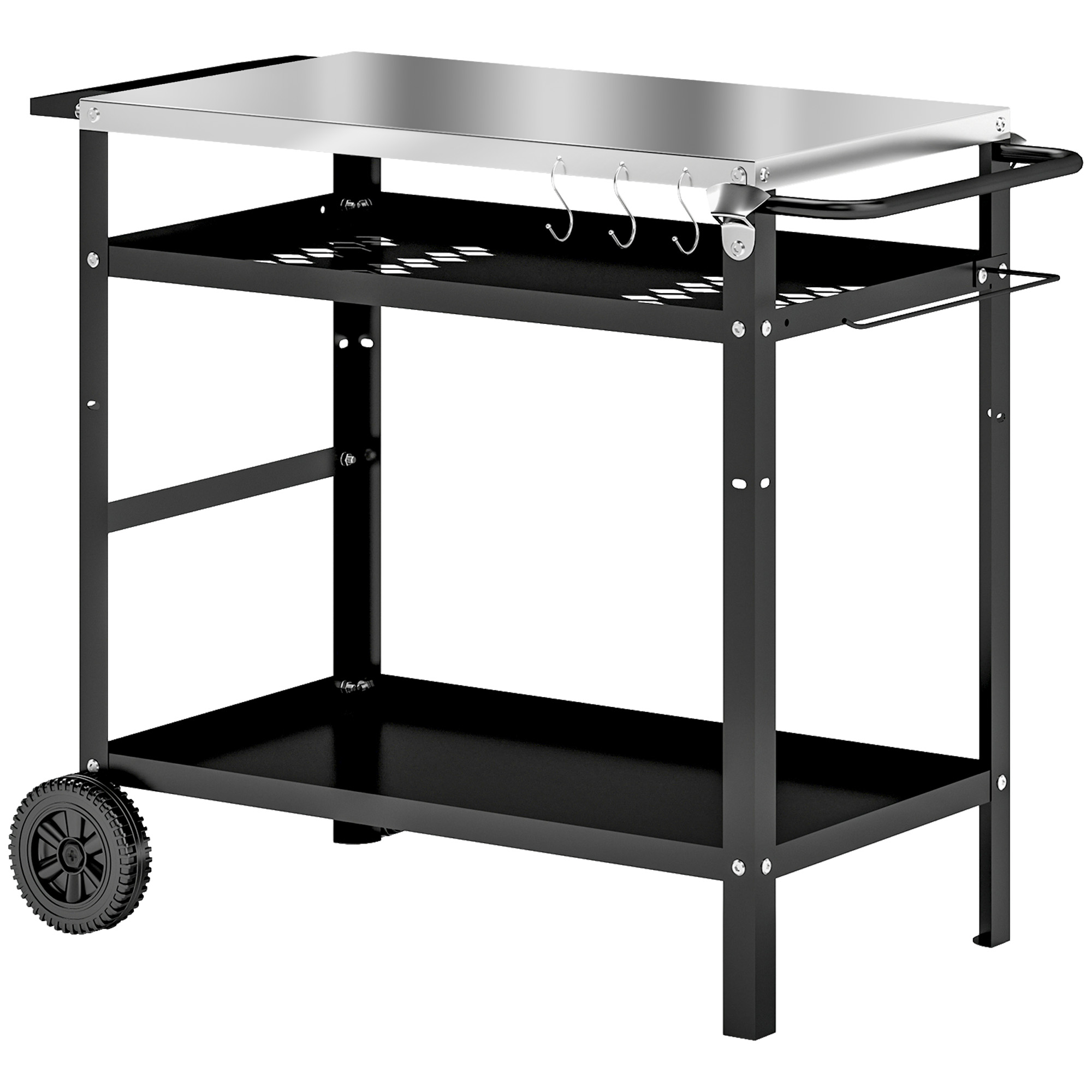 Outsunny BBQ Trolley with Stainless Steel Top Adjustable Shelf, Outdoor Kitchen Barbecue Station with Hooks Seasoning Tray Towel Rack, Pizza Oven Table Movable Grill Dining Cart with Cover, B
