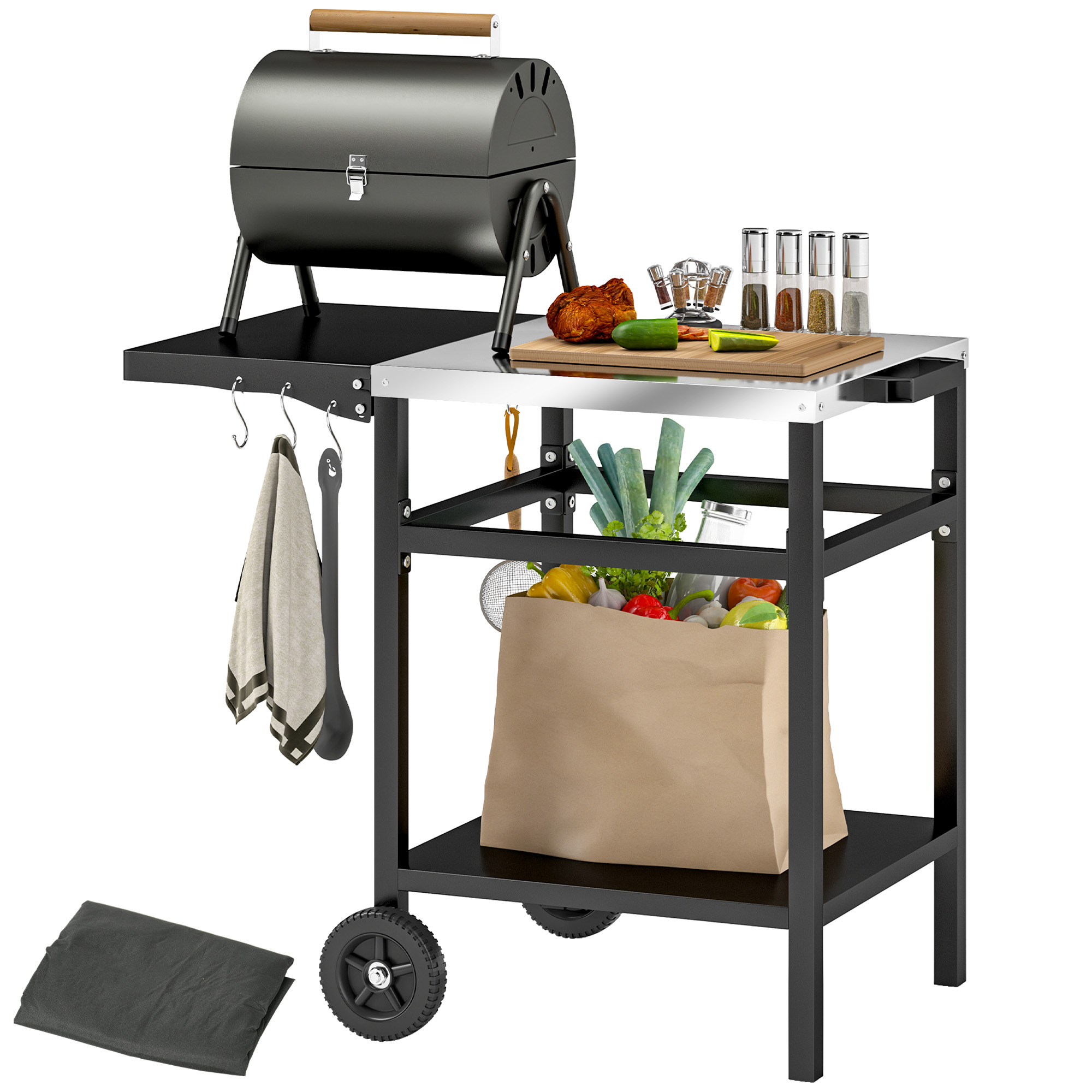 Outsunny BBQ Trolley with Stainless Steel Top and Foldable Side Table, Outdoor Kitchen Barbecue Station with Hooks and Shelf, Pizza Oven Table Movable Outdoor Grill Dining Cart with Cover, Bl