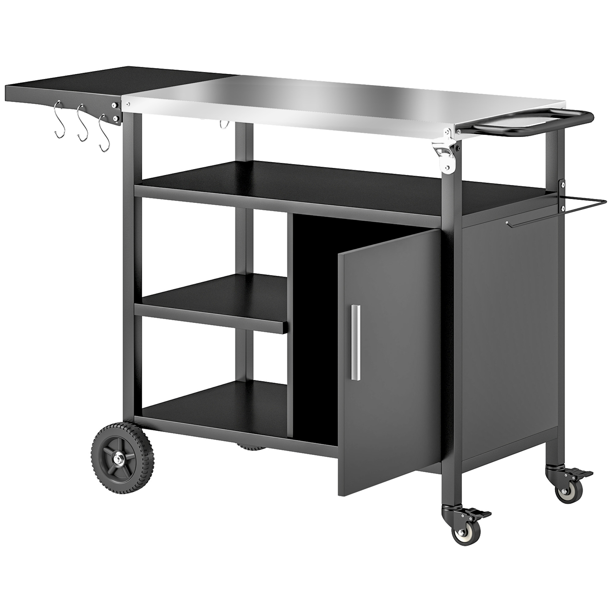 Outsunny Outdoor BBQ Trolley with Foldable Side Table, Stainless Steel Top, Outdoor Kitchen with Wheels Hooks Shelves Cabinet, Pizza Oven Table Movable Barbecue Grill Dining Cart with Cover, 