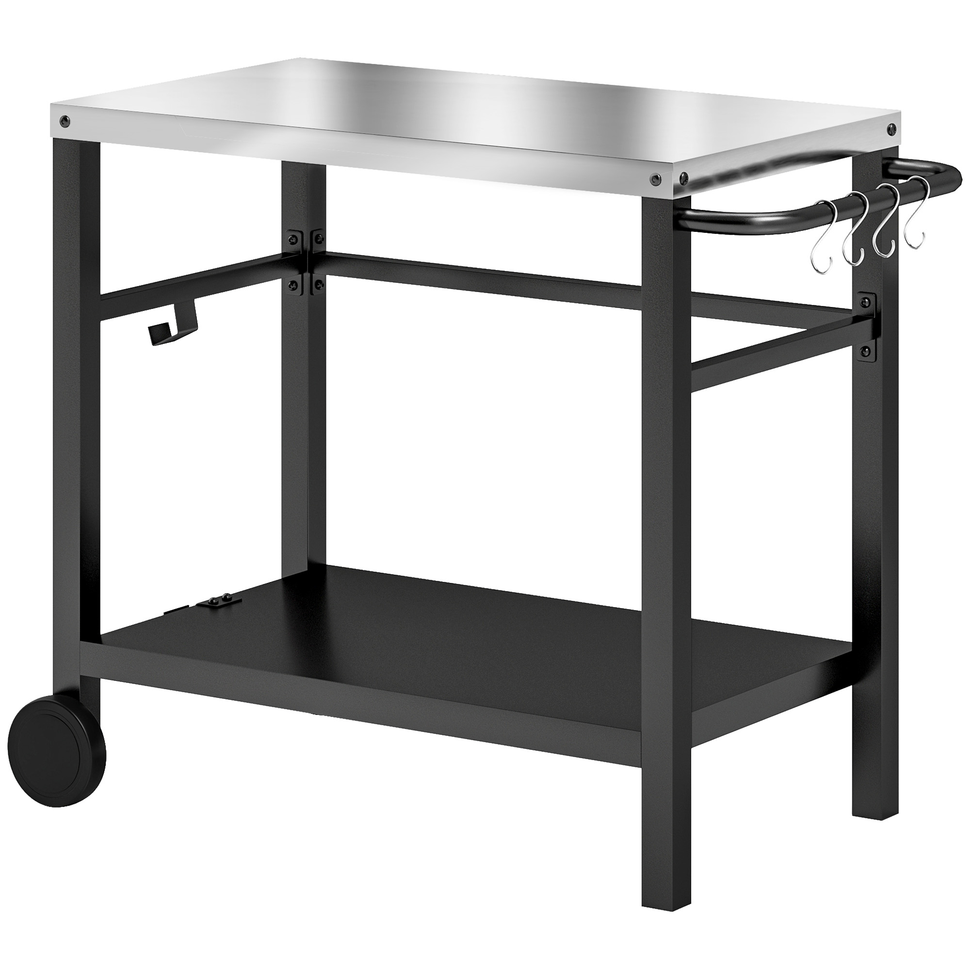 Outsunny Outdoor Grill Dining Cart 2-Shelf Movable Pizza Oven Table Stand with Stainless Steel Top, Portable BBQ Trolley Food Prep Outdoor Kitchen Barbecue Station with Hooks Wheels, Charcoal