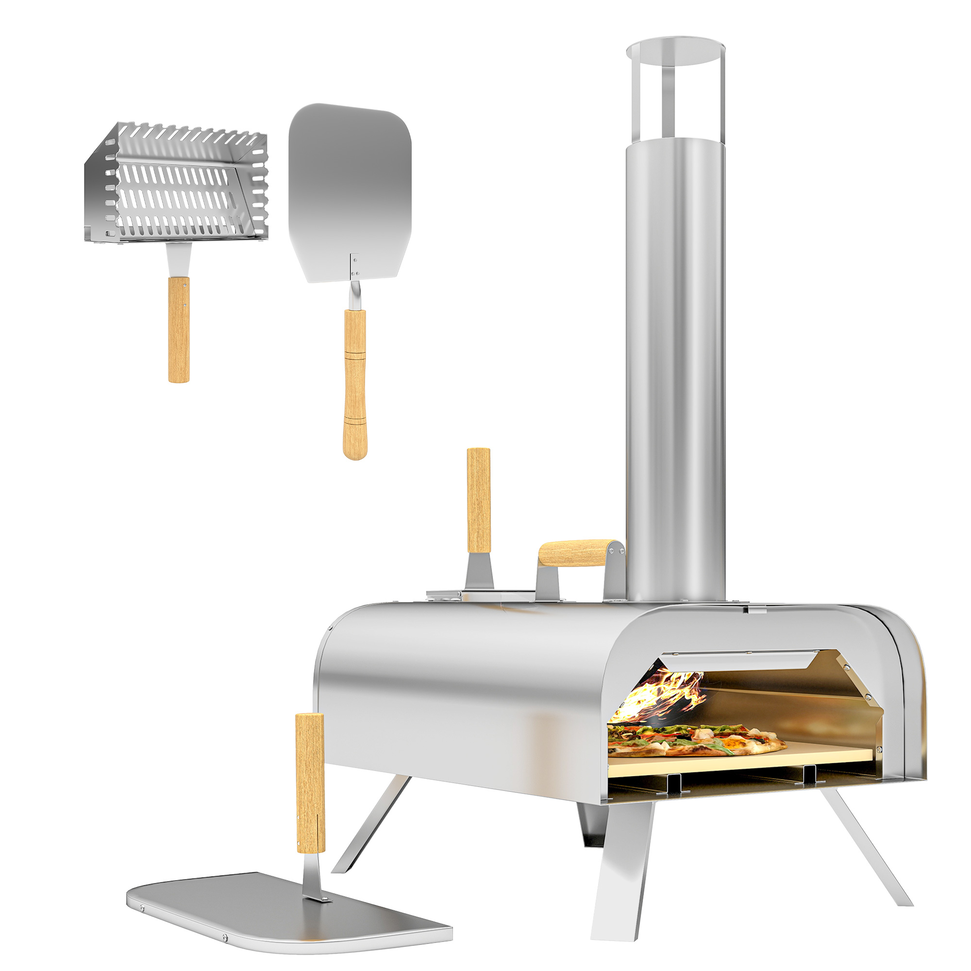Outsunny Outdoor Pizza Oven, Portable Wood Pellet Pizza Oven with Pizza Stone and Peel, Foldable Legs, Chimney, 12 Inch Wood Fired Pizza Maker for Outdoor Cooking, Stainless Steel