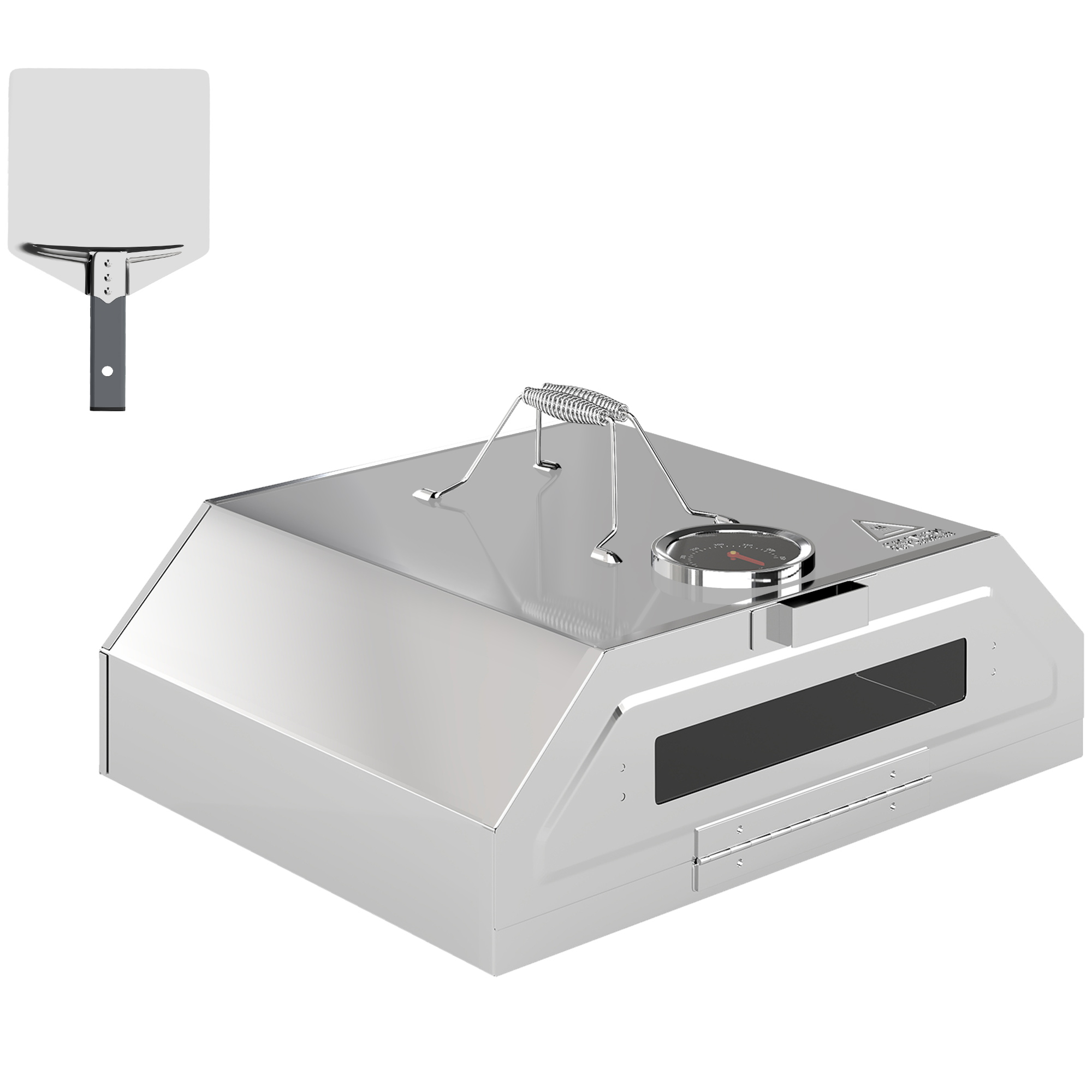 Outsunny 8 in Portable Stainless Steel BBQ Grill Top Pizza Oven with Built-in Thermometer and Viewing Window for Gas and Charcoal BBQ Grills, Includes Carry Handles, Pizza Stone and Peel, Sil