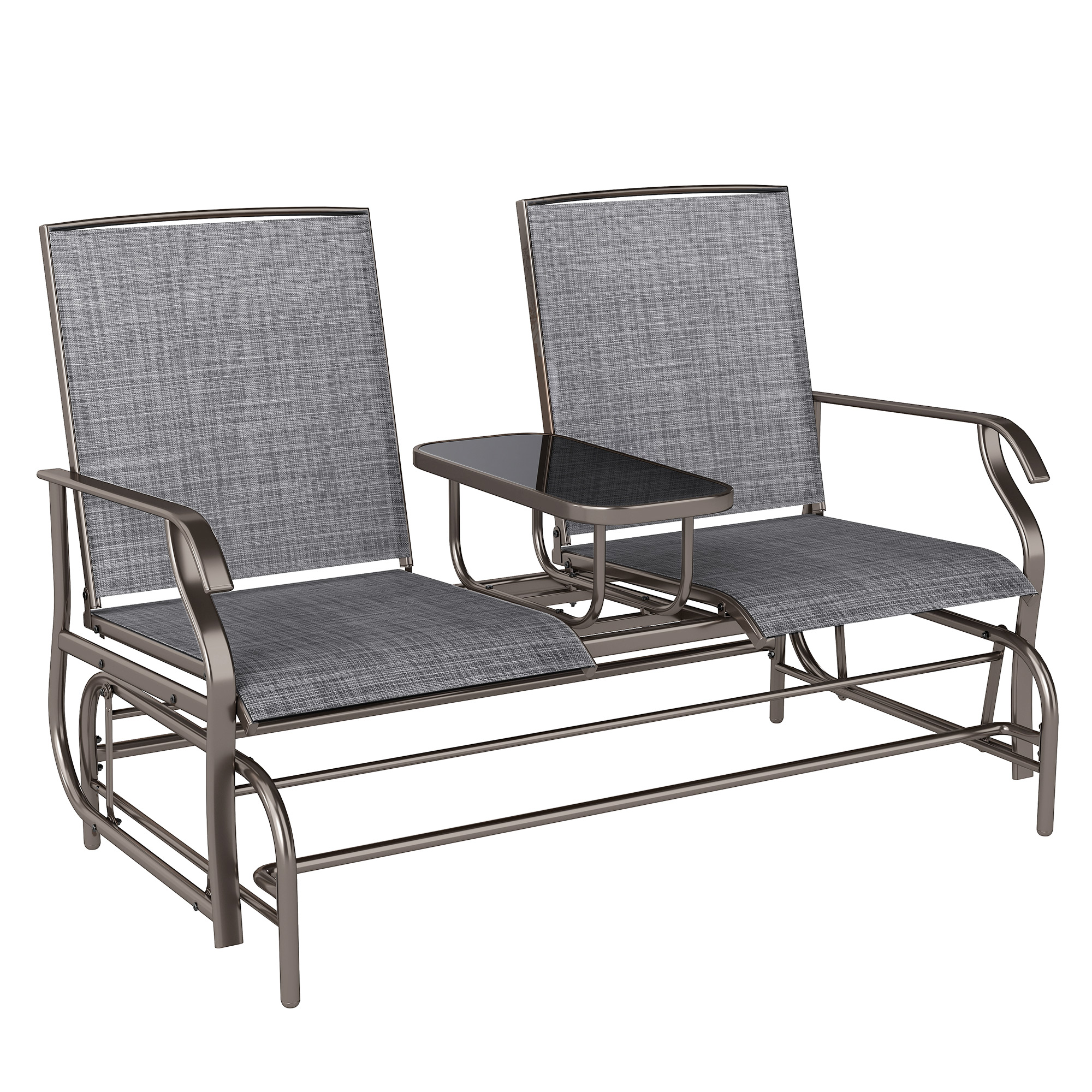Outsunny 2 Seats Garden Glider Bench, Metal Frame Loveseat with Glass Top  Centre Table, Porch Rocking Glider for 2 Person, for Deck, Patio, Brown/ Grey