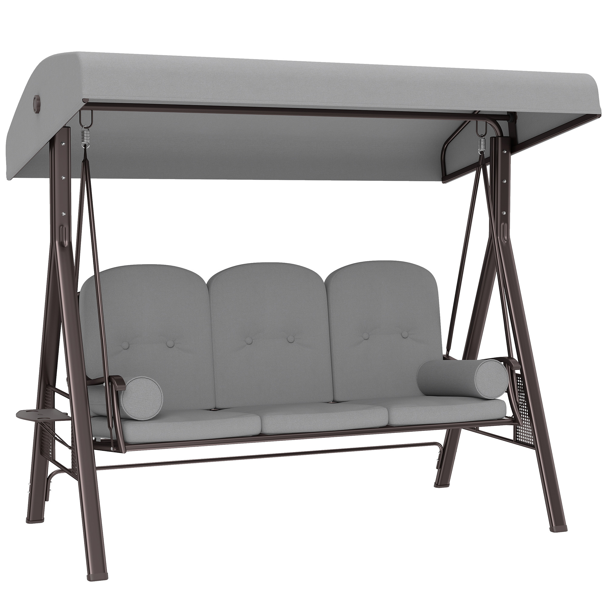 Outsunny 3 Seater Canopy Swing Chair, Outdoor Garden Swing Seat with Adjustable Canopy, Cushions and Cup Trays, Steel Frame, Light Grey