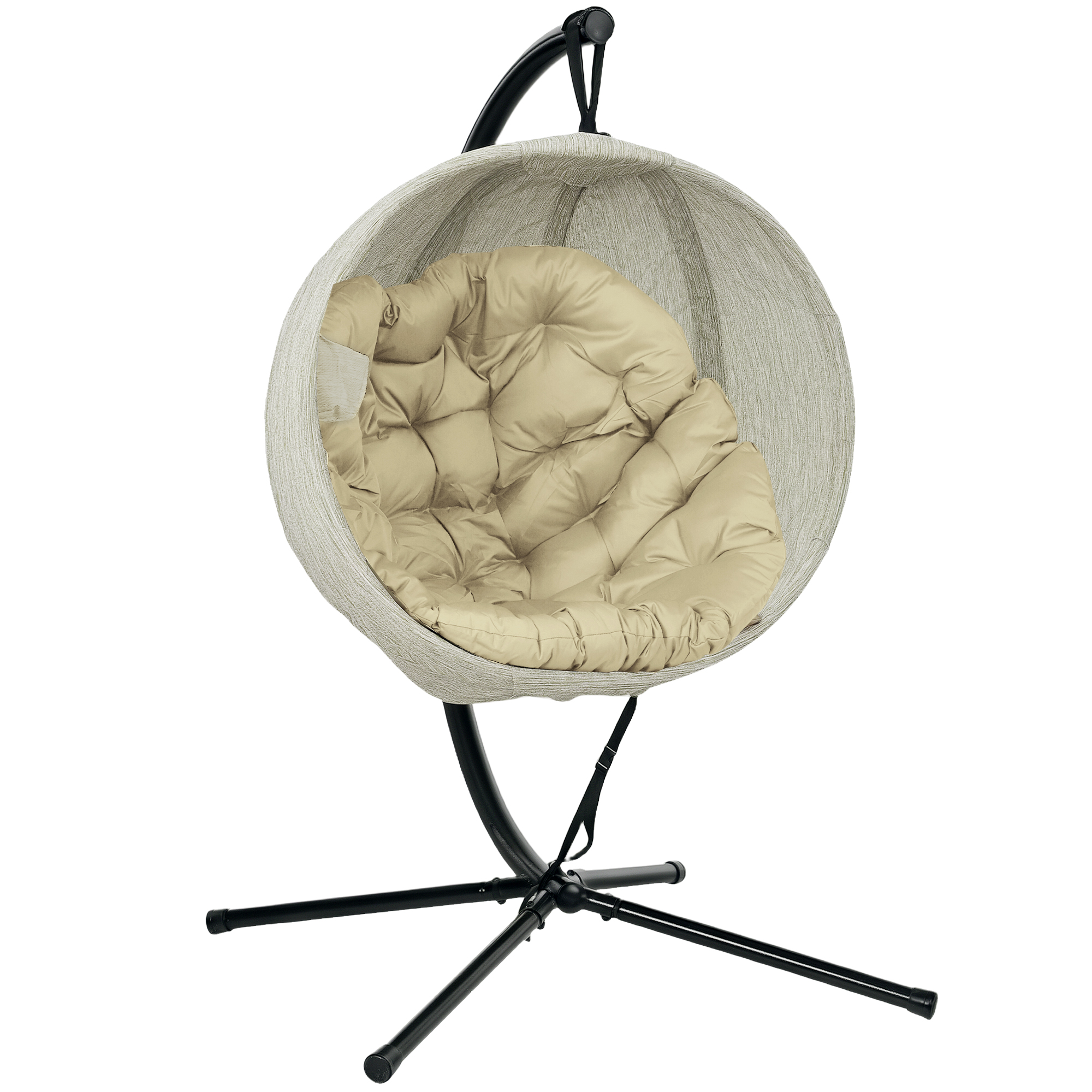 Outsunny Hanging Egg Chair Outdoor Indoor Garden Swing Chair with Folding Basket, Thickened Cushion, Cup Holder for Patio, Balcony, Khaki