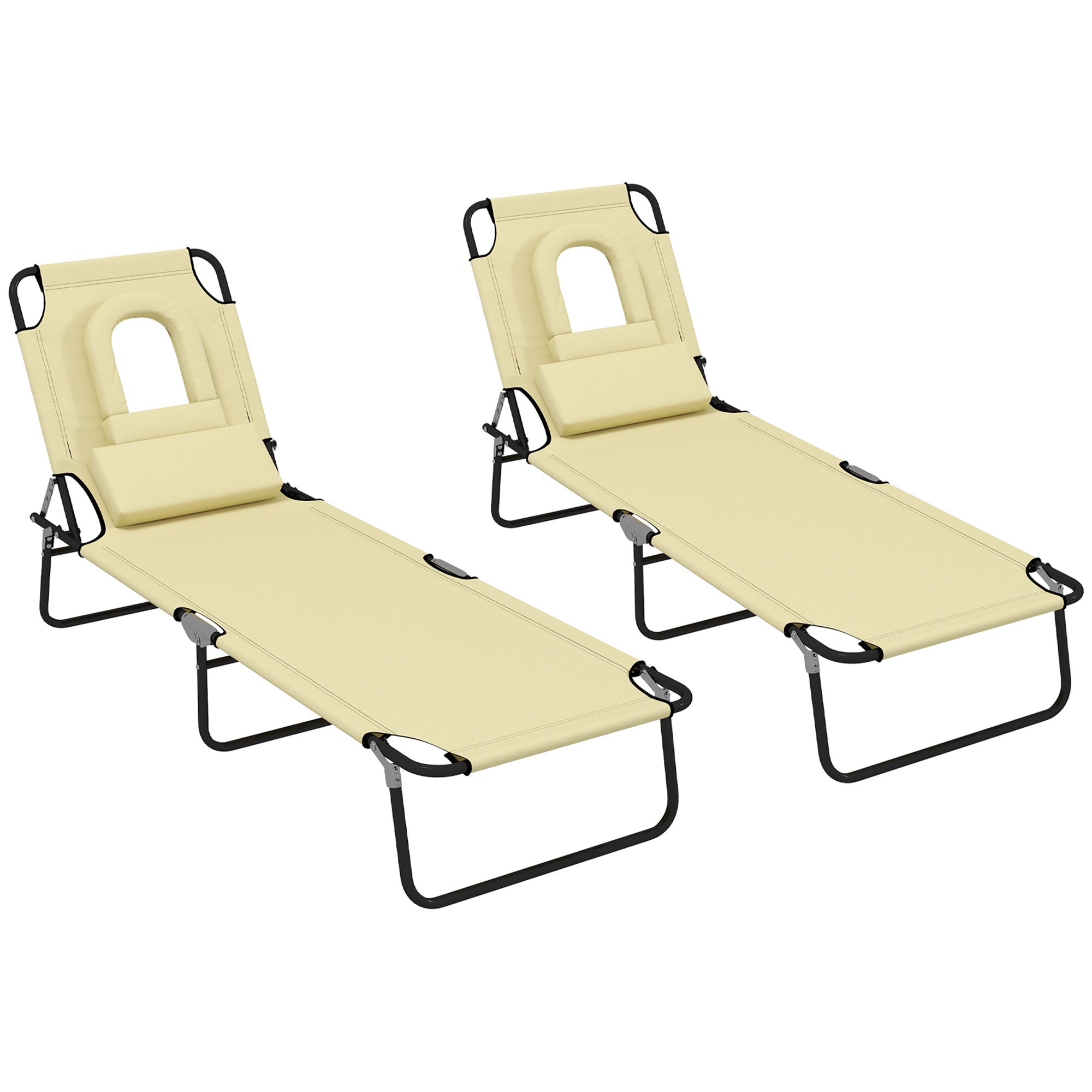 Outsunny Folding Sun Loungers Set of 2 with Face Hole, 4-Position Adjustable Backrest Garden Recliner Chairs Sunbeds, Outdoor Lounge Chairs with 600 D Oxford Cloth Seat, Pillow for Beach, Bei