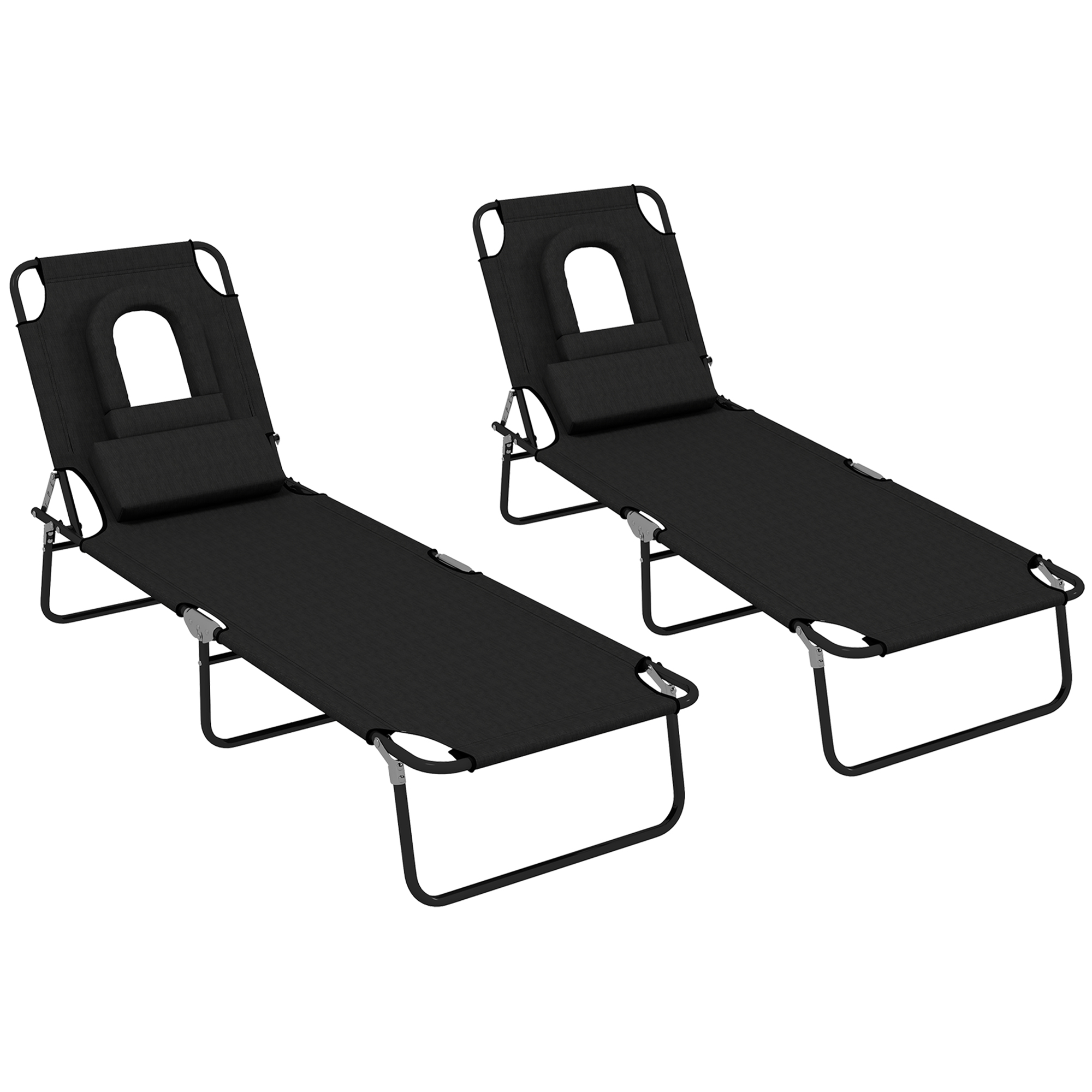 Outsunny Folding Sun Loungers Set of 2 with Face Hole, 4-Position Adjustable Backrest Garden Recliner Chair Sunbed, Outdoor Lounge Chair with 500 D Oxford Cloth Seat, Pillow for Beach, Black