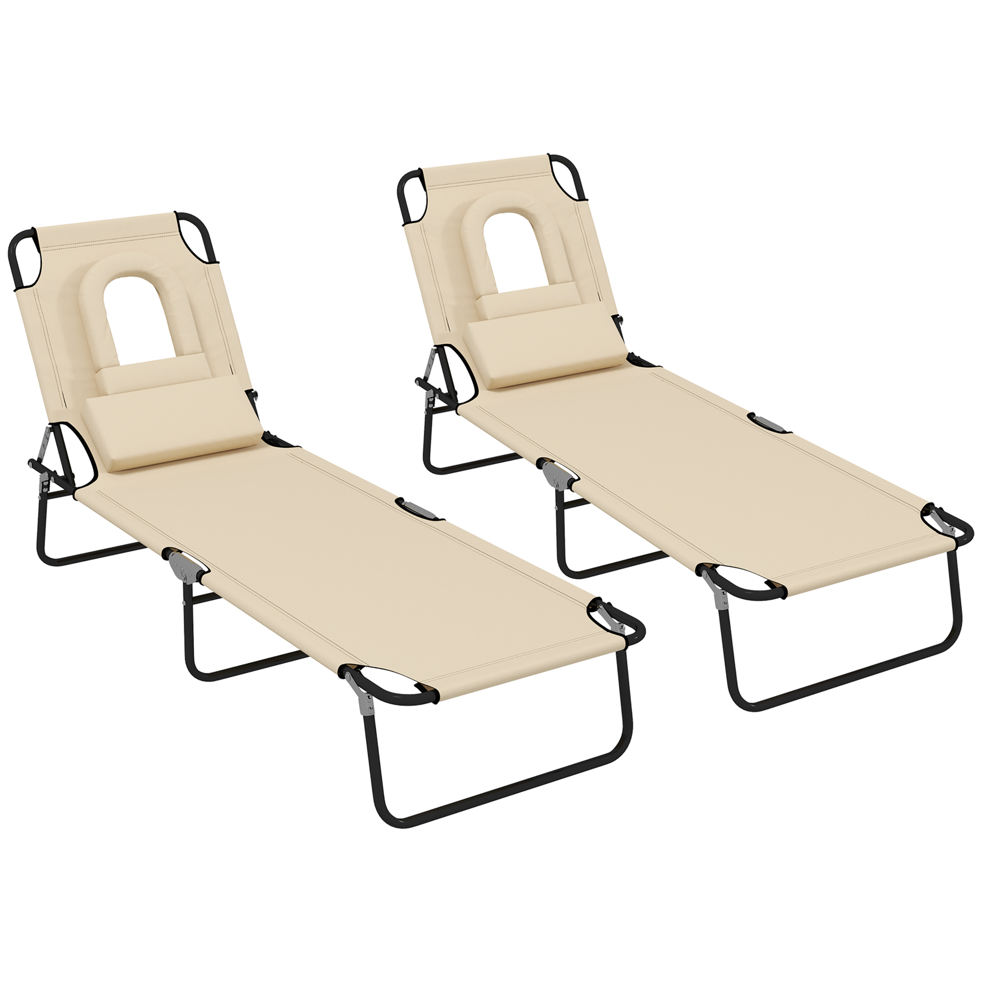 Outsunny Folding Sun Loungers Set of 2 with Face Hole, 4-Position Adjustable Backrest Garden Recliner Chairs Sunbeds, Outdoor Lounge Chairs with 600 D Oxford Cloth Seat, Pillow for Beach, San