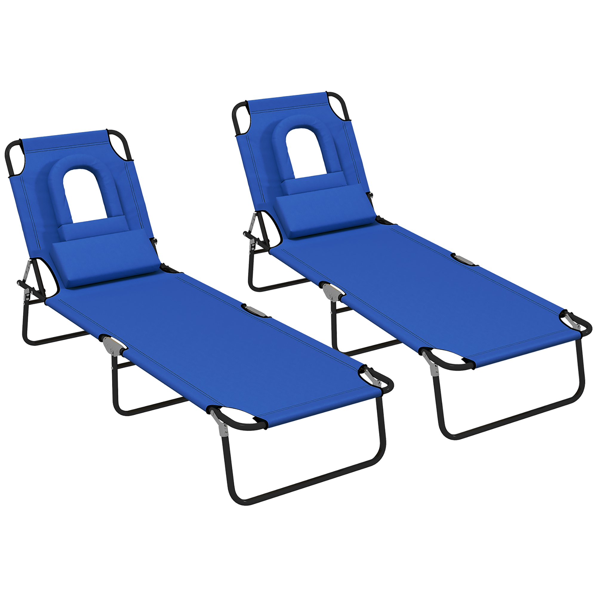 Outsunny Folding Sun Loungers Set of 2 with Face Hole, 4-Position Adjustable Backrest Garden Recliner Chairs Sunbeds, Outdoor Lounge Chairs with 600 D Oxford Cloth Seat, Pillow for Beach, Blu