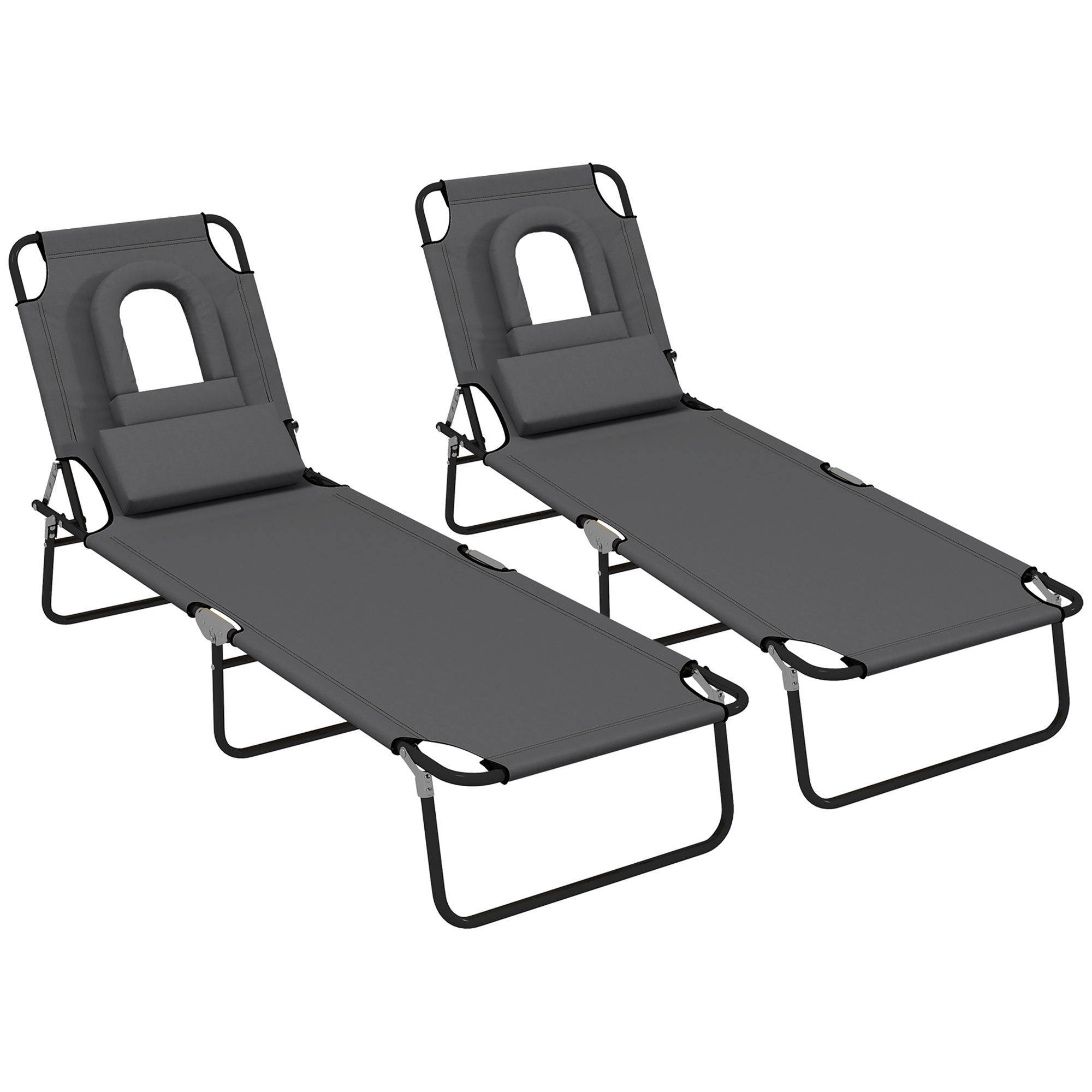 Outsunny Folding Sun Loungers Set of 2 with Face Hole, 4-Position Adjustable Backrest Garden Recliner Chairs Sunbeds, Outdoor Lounge Chairs with 600 D Oxford Cloth Seat, Pillow for Beach, Dar