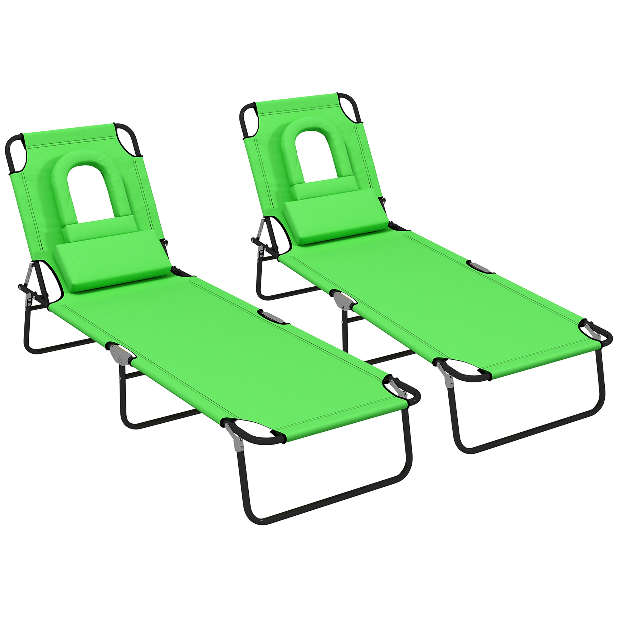 Outsunny Folding Sun Loungers Set of 2 with Face Hole, 4-Position Adjustable Backrest Garden Recliner Chair Sunbed, Outdoor Lounge Chair with 500 D Oxford Cloth Seat, Pillow for Beach, Green