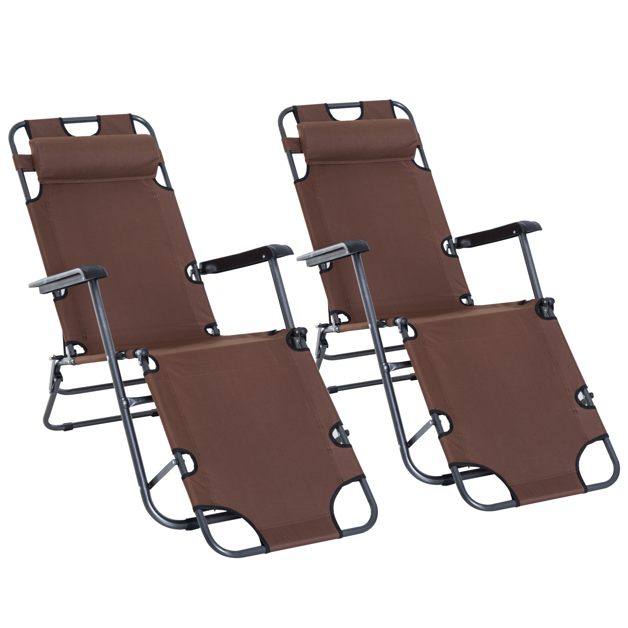 Outsunny 2 in 1 Folding Sun Lounger Reclining Garden Chair Set of 2 with 2-Level Adjustable Backrest, Outdoor Zero Gravity Recliner Garden Chairs with Head Pillow and Armrests, Brown