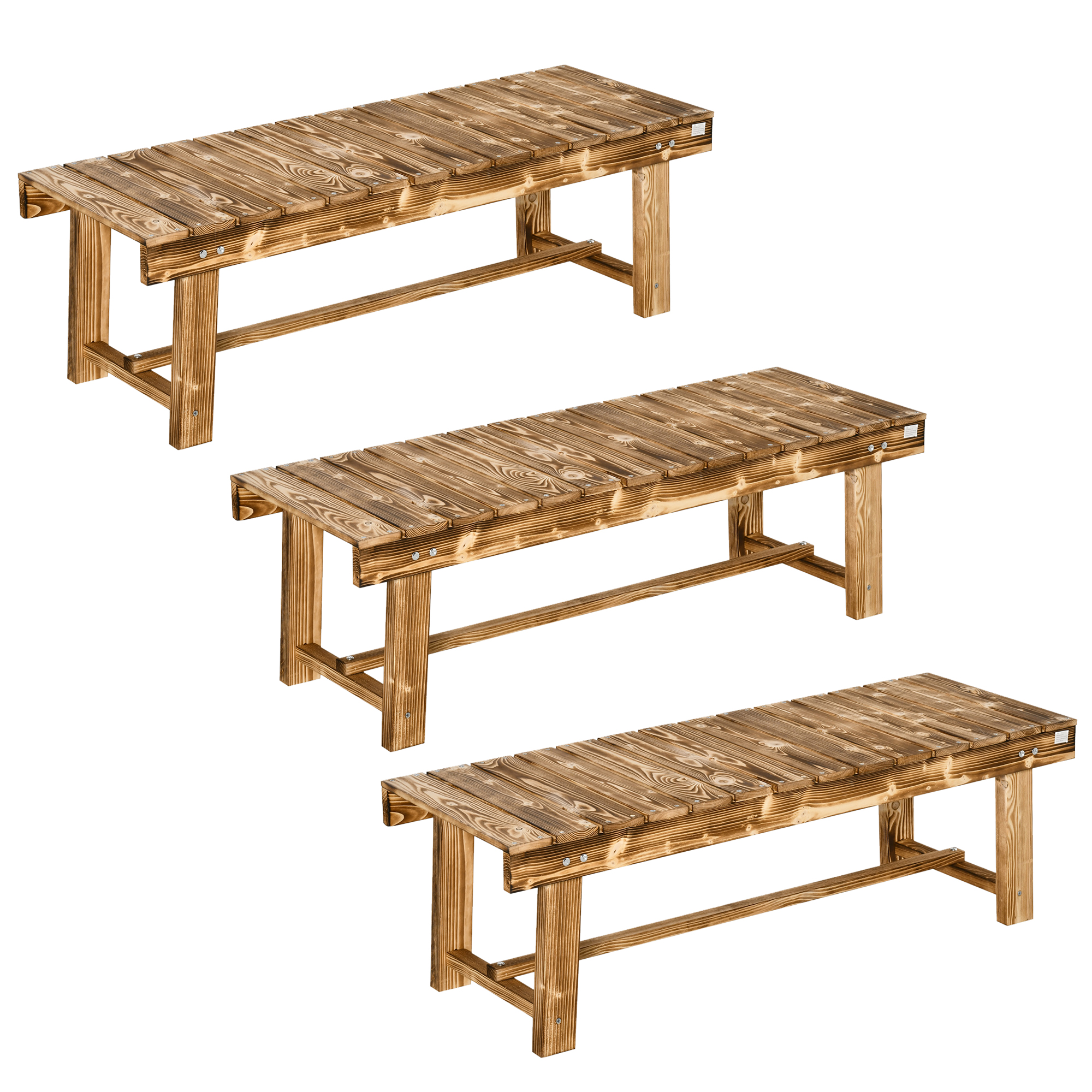 Outsunny Wooden Garden Benches, 2 Seater Outdoor Benches, Fir Wood Backless Patio Loveseat with Slatted Seat for Park, 110 x 38 x 35 cm, 3 Pieces, Carbonised