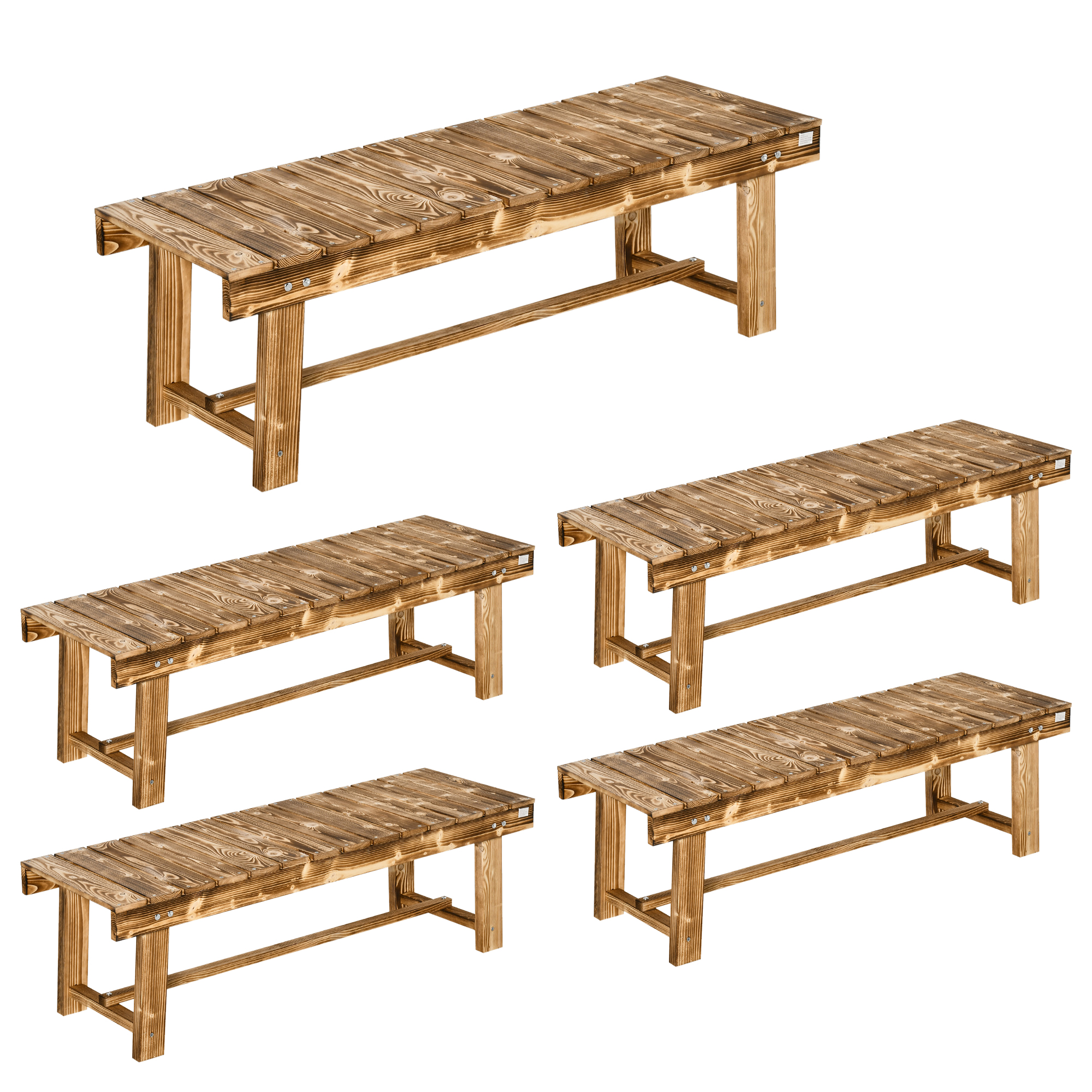 Outsunny Wooden Garden Benches, 2 Seater Outdoor Benches, Fir Wood Backless Patio Loveseat with Slatted Seat for Park, 110 x 38 x 35 cm, 5 Pieces, Carbonised