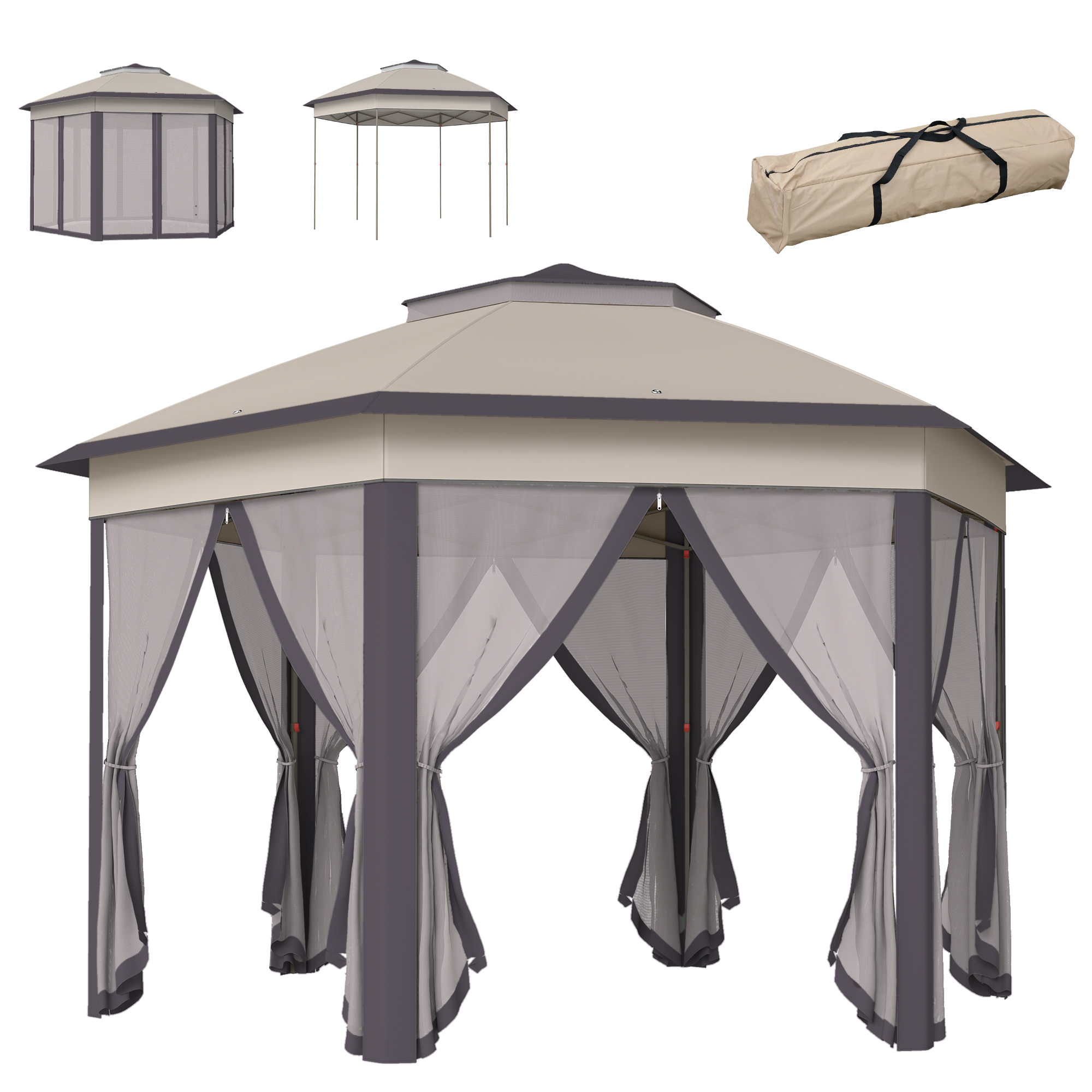 Outsunny 3 x 4m Garden Gazebo Hexagon Pop Up Gazebo Party Tent Canopy Double Roof Instant Shelter with Netting and Carry Bag for Outdoor Patio, Beige