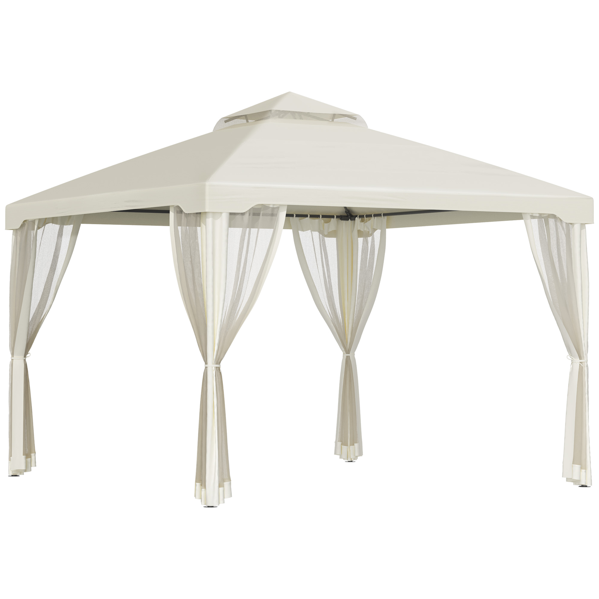 Outsunny 3 x 3 m Metal Gazebo, Double Roof Canopy Shelter with Mesh Sidewalls, Cream White