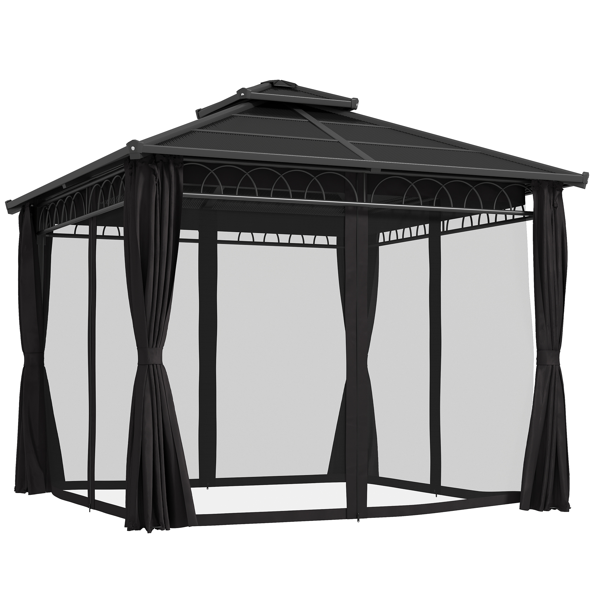 Outsunny 3 x 3 (m) Outdoor Polycarbonate Gazebo, Double Roof Hard Top Gazebo with Galvanised Steel Frame, Nettings & Curtains for Garden, Lawn, Patio and Deck, Dark Grey