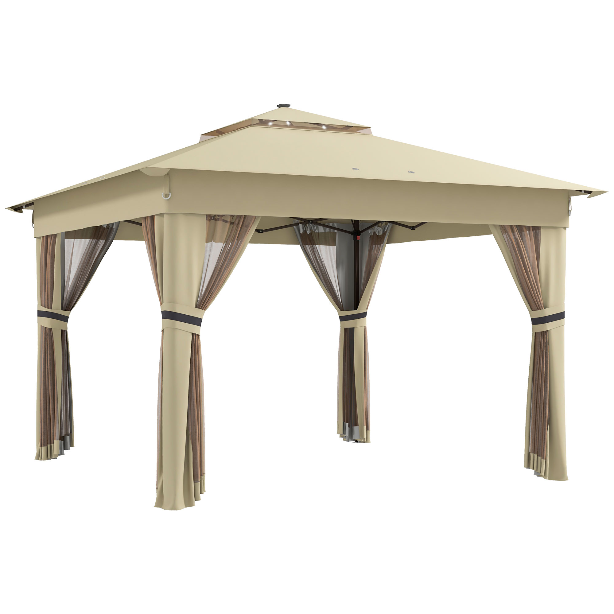 Outsunny 3.36 x 3.36m Pop Up Gazebo Party Tent with Solar-Powered LED Lights, Adjustable Event Shelter with Netting, Khaki
