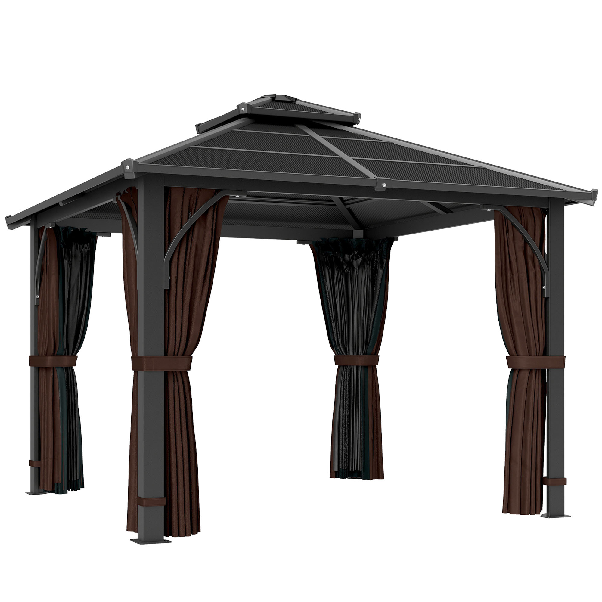 Outsunny 3 x 3(m) Hardtop Gazebo Canopy with 7mm Polycarbonate Double-Tier Roof, Garden Gazebo Permanent Pavilion with Mosquito Netting and Curtains for Patio, Terrace, Brown