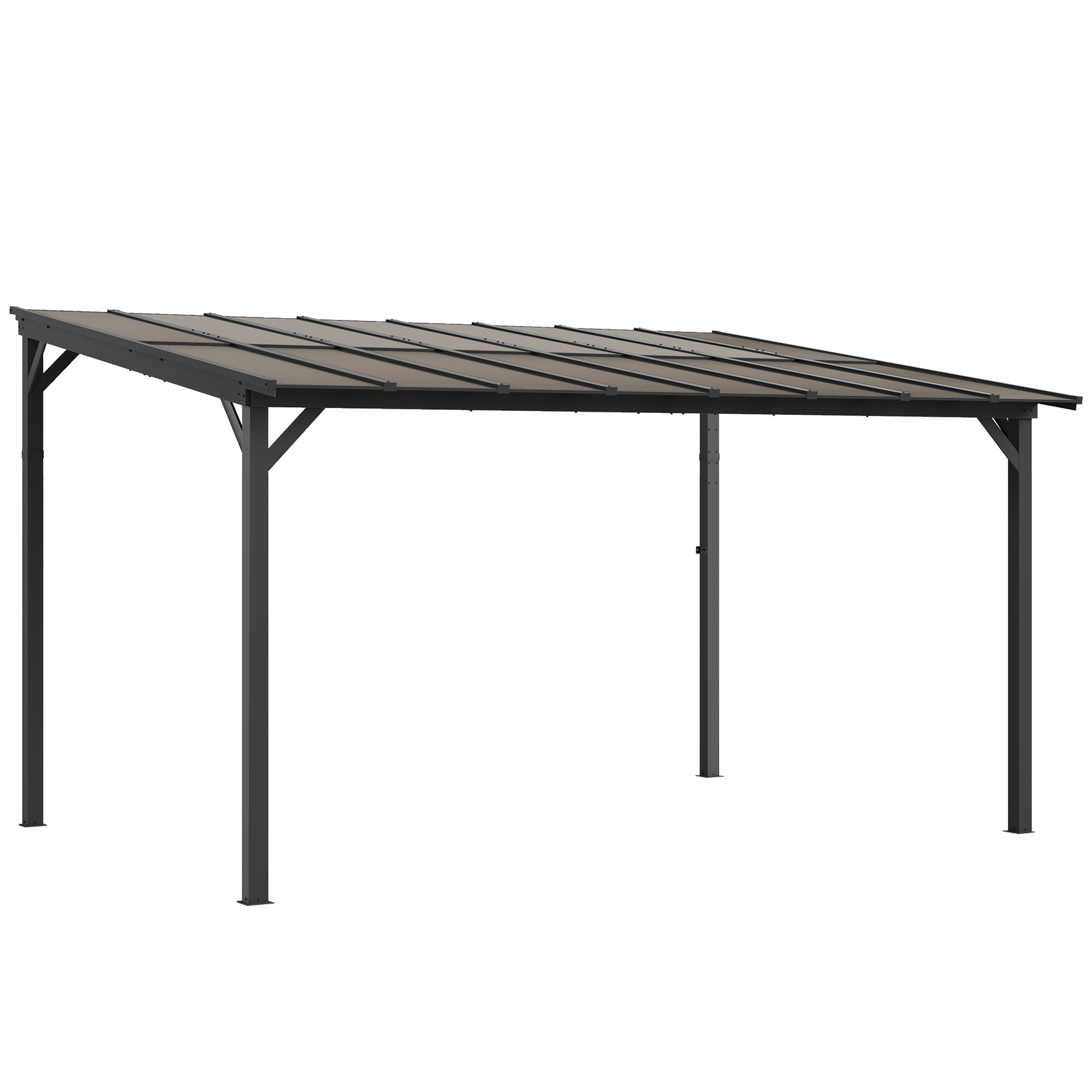 Outsunny 3 x 4.3m Metal Pergola with UPF 50+ and Waterproof Polycarbonate Roof, Wall-Mounted Garden Gazebo, Dark Grey