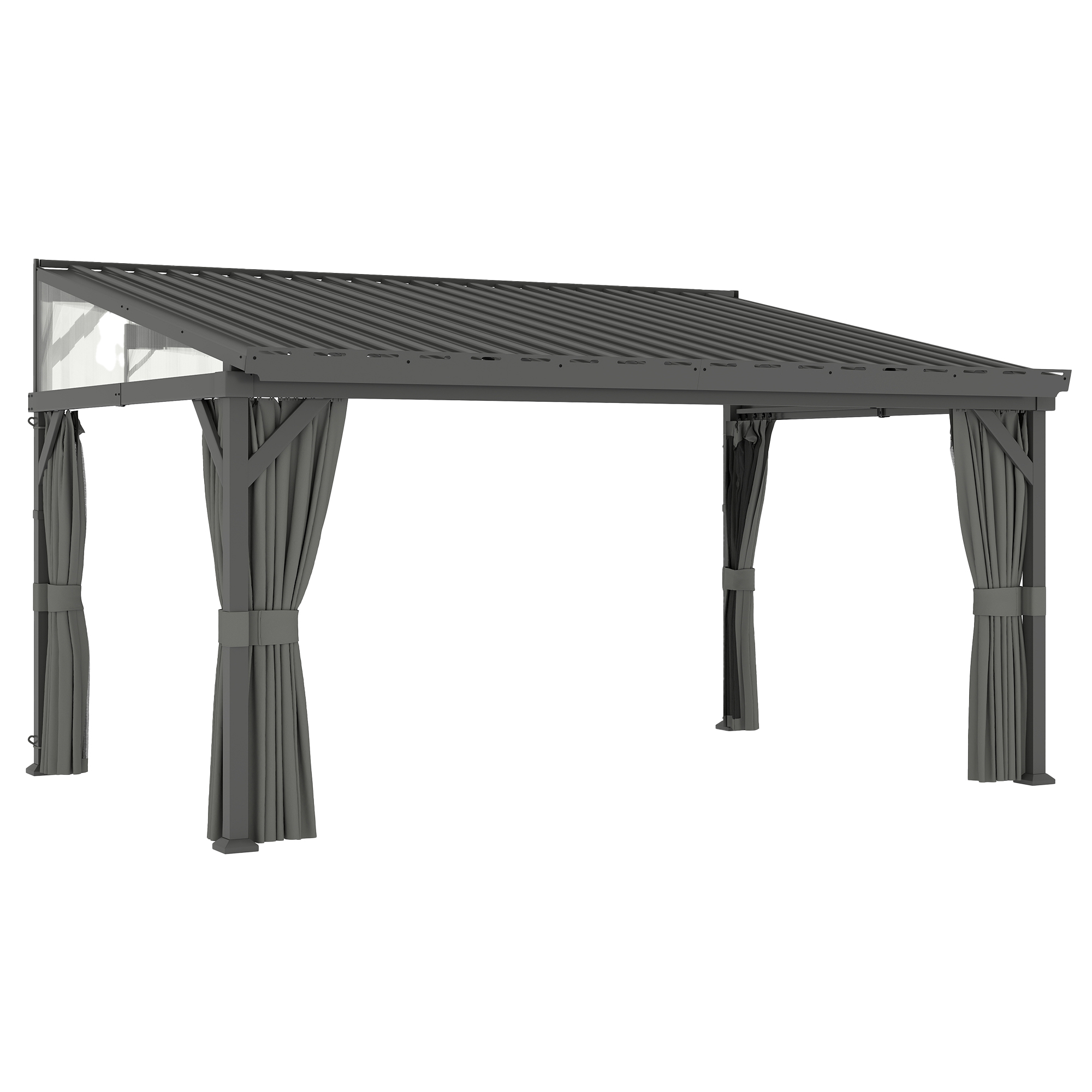 Outsunny 4.3 x 3 m Garden Pergola with Galvanised Steel Roof, Lean to Pergola Gazebo with Netting Curtains, Dark Grey